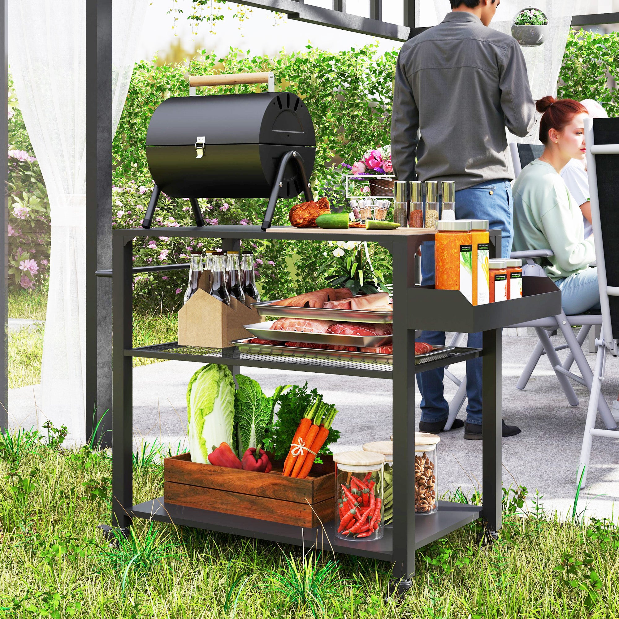 Outsunny Carrito De Parrilla Acero, Metal 105X50x79 Cm Negro , Leroy Merlin