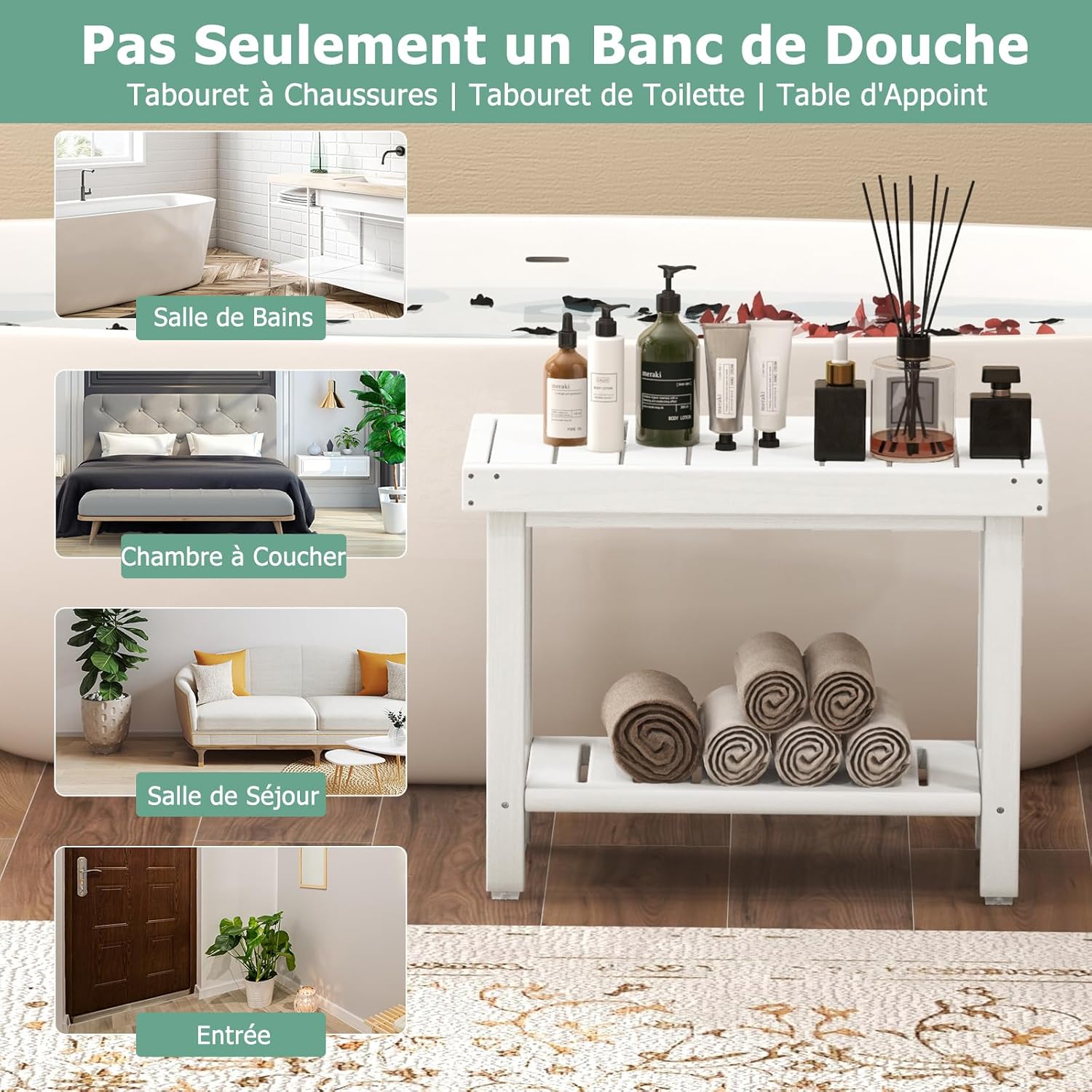 Banc de Douche à 2 Niveaux, Tabouret de Douche de Salle de Bain Étanche en HDPE avec Étagère de Rangement et Patins Antidérapants Our Baignade - 5