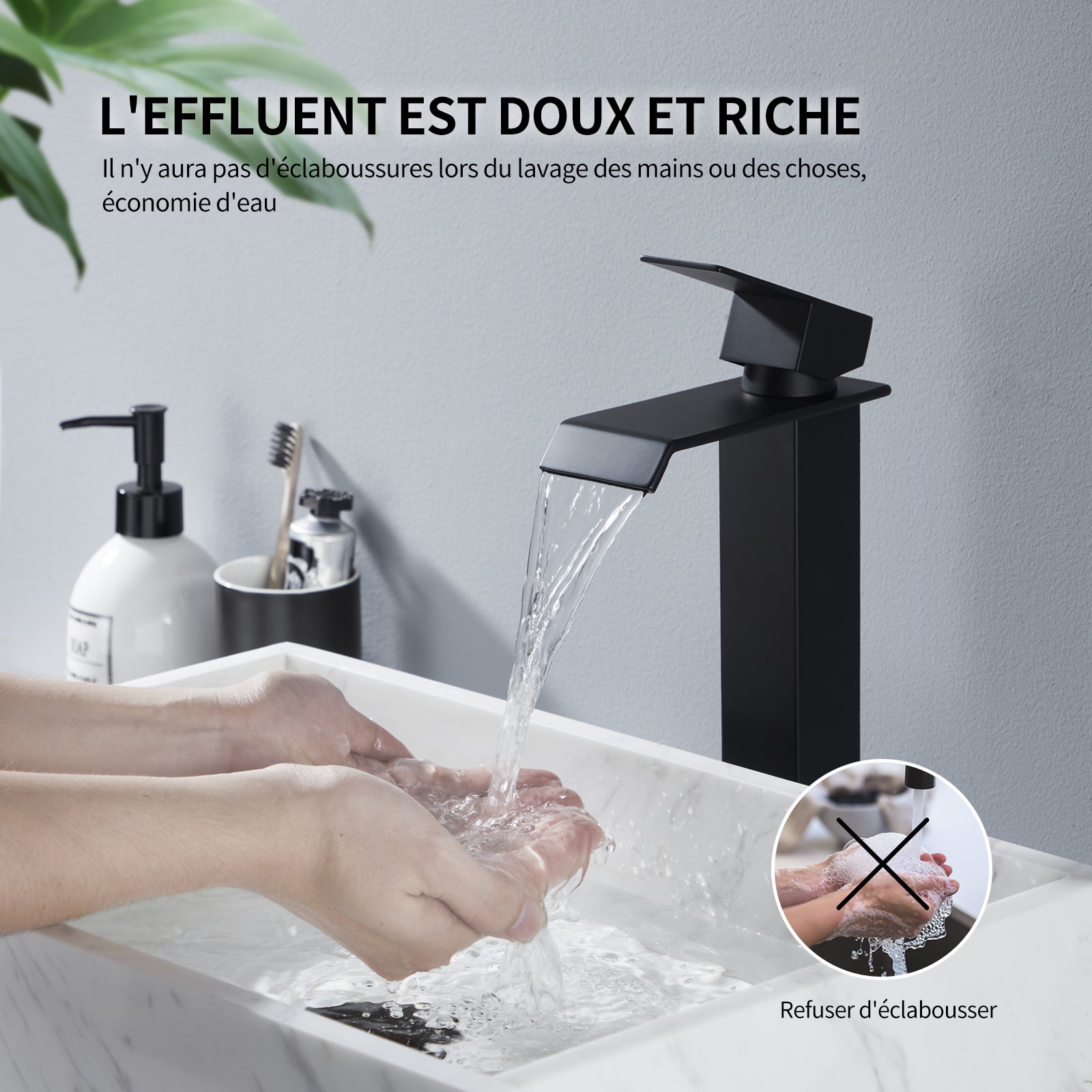 Mitigeur de Lavabo Cascade Bec Haut Noir – Robinet Salle de Bain en Acier Inox SUS304, Eau Chaude/Froide, Design Moderne à Levier Unique - 2