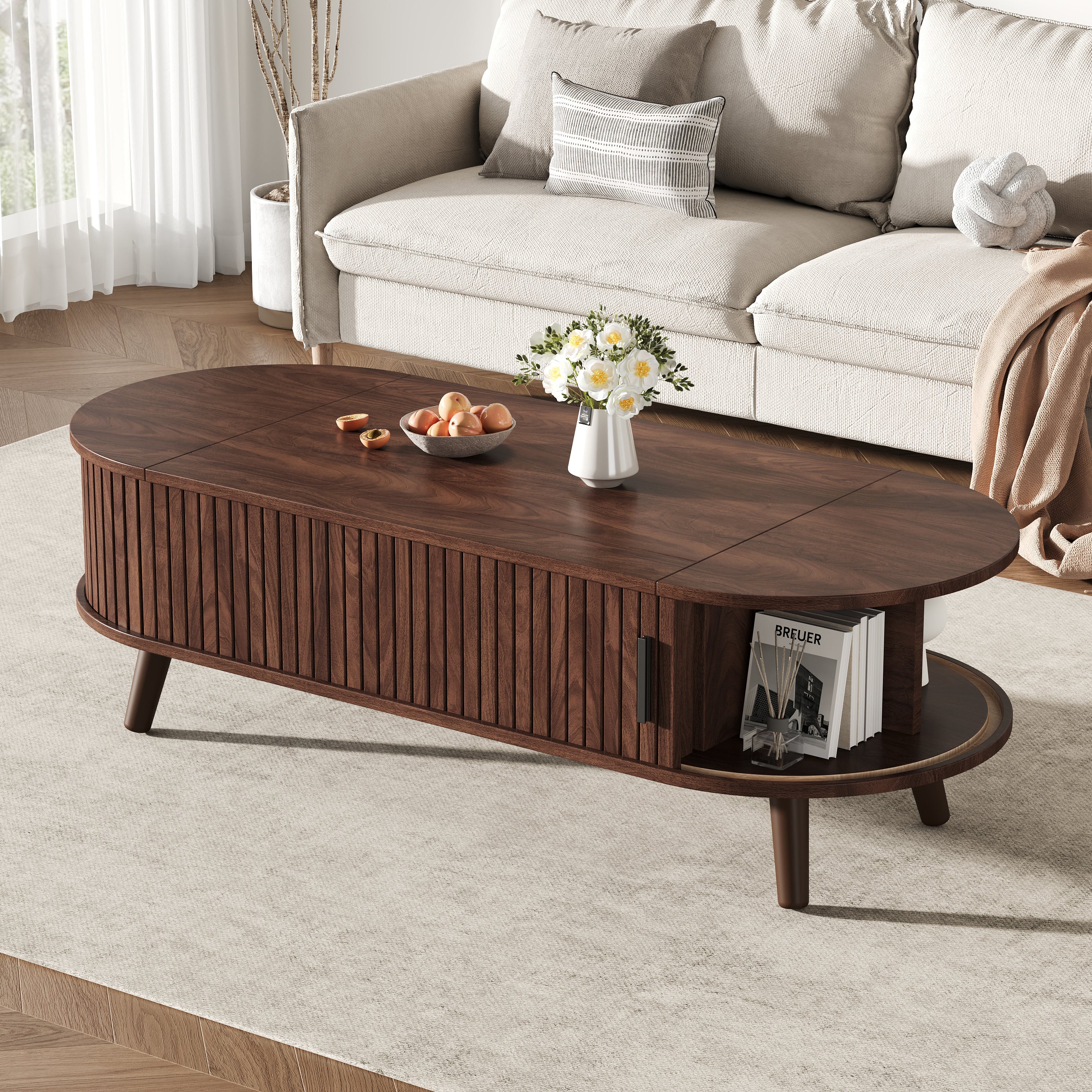 Stolik kawowy z podnoszonym blatem i 4 otwartymi półkami - 120 x 50 x 39,5 cm - MDF - do salonu - orzech - 4