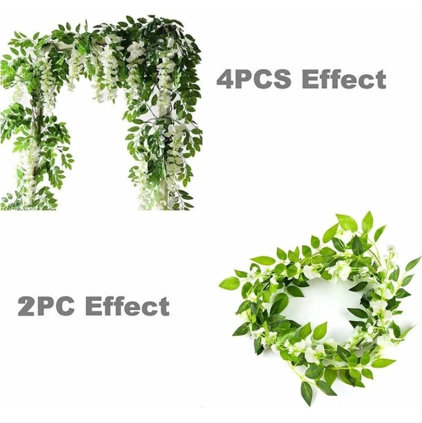 2x7FT Guirlande De Glycine Artificielle Fleur Artificielle Soie Lierre Suspendu Plante Décoration Murale Plante Décoration De Jardin (Blanc) - 2