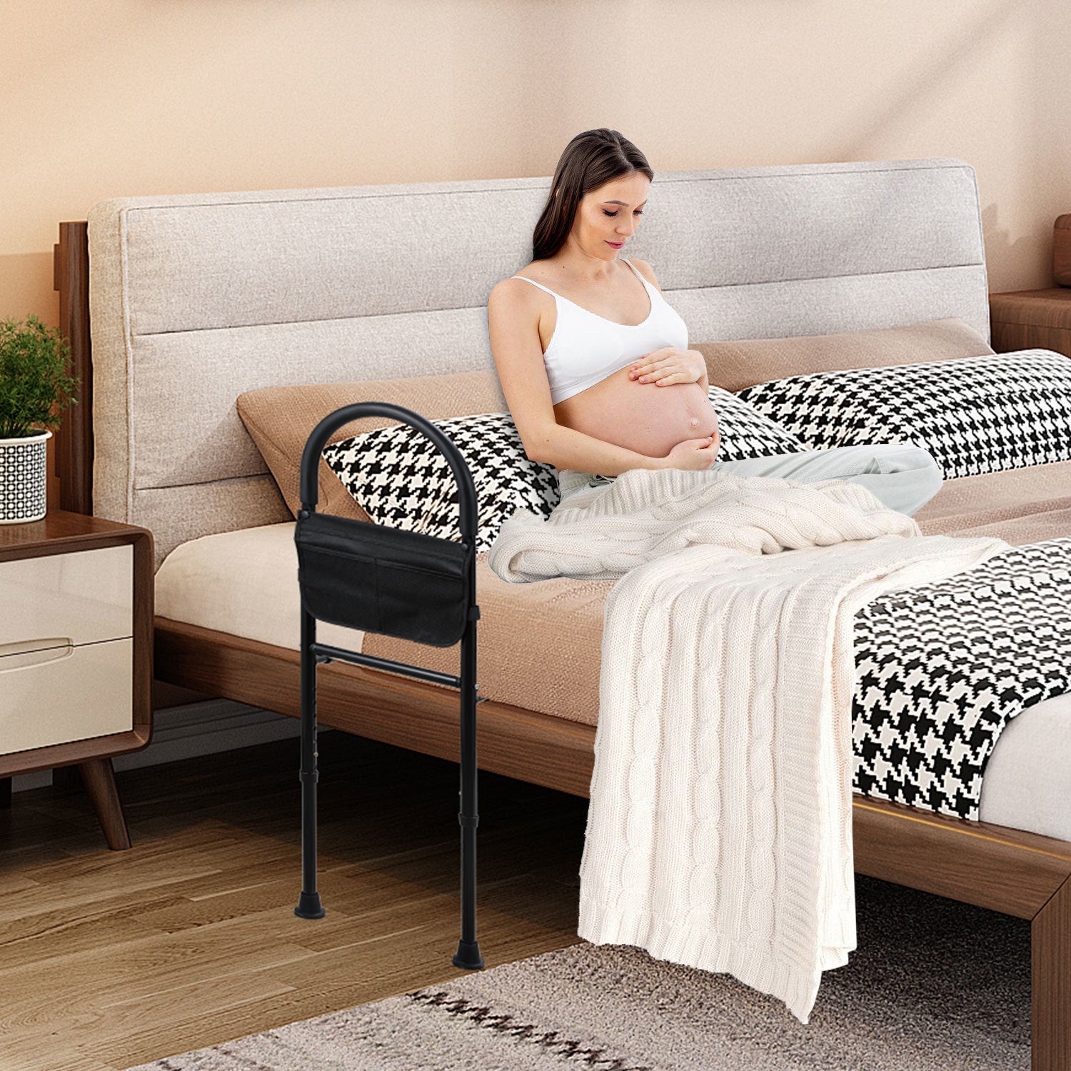 Barreira de cama para adultos com bolsa de arrumação - Barra de apoio ajustável e cinta de segurança - Ideal para idosos - 8