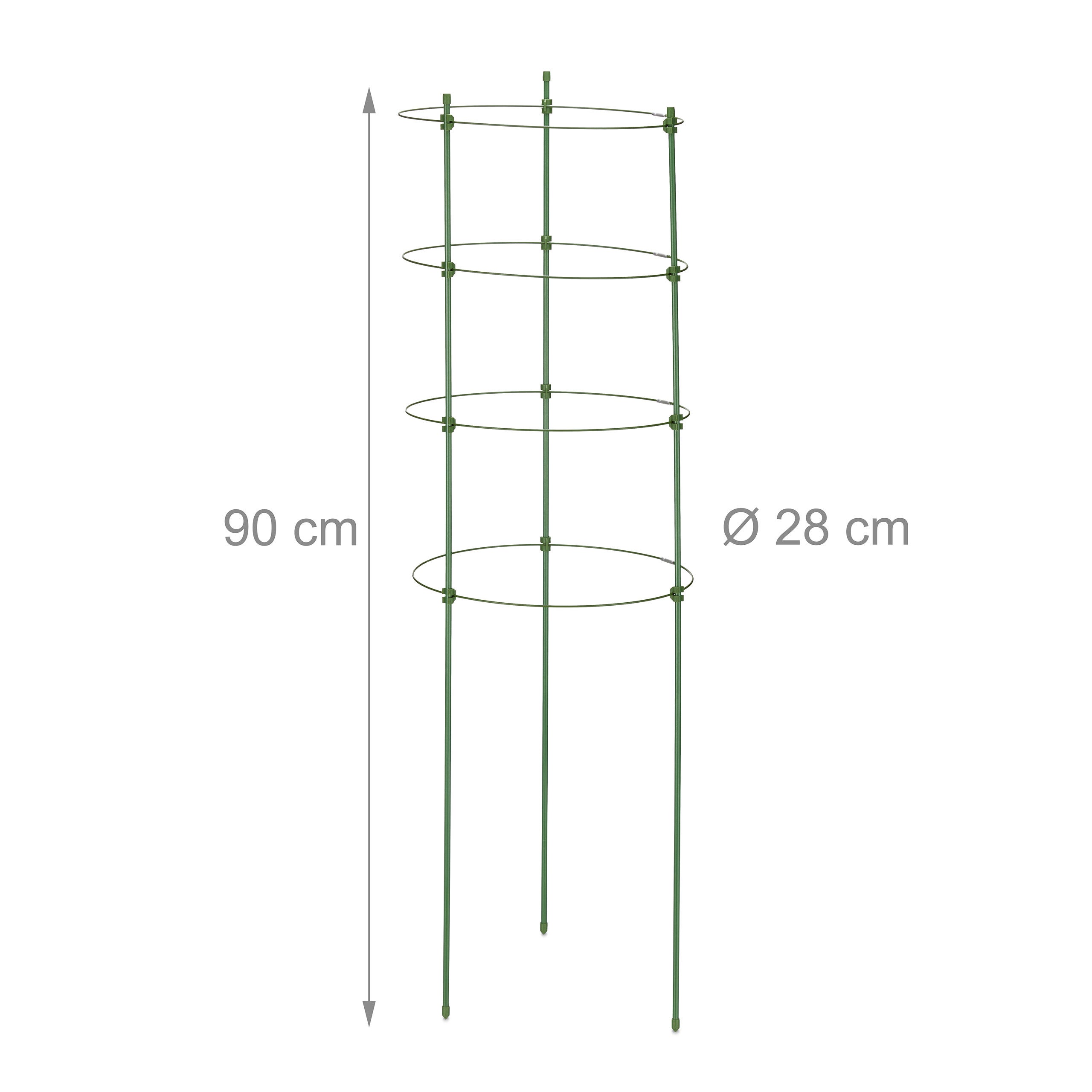 Tuteur à tomates en lot de 8, métal et plastique, hauteur : 90 cm, 4 anneaux réglables, pour plantes, vert, Relaxdays - 4
