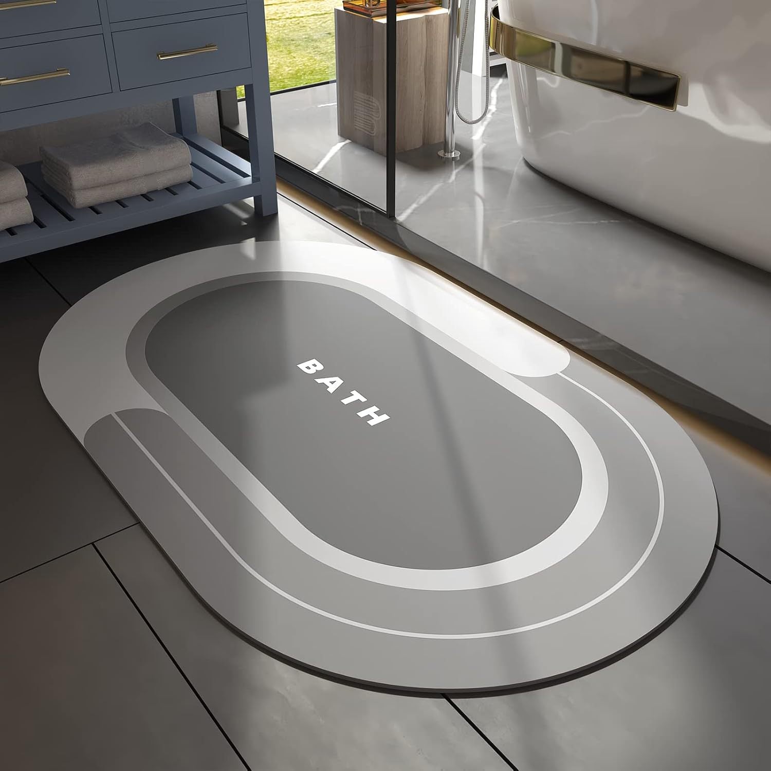 Tapis De Bain En Terre De Diatomée 60x40 Cm - Absorbant Rapide, Antidérapant, Séchage Instantané Pour Douche, Sol Salle De Bain (Bleu, Ovale) - 3