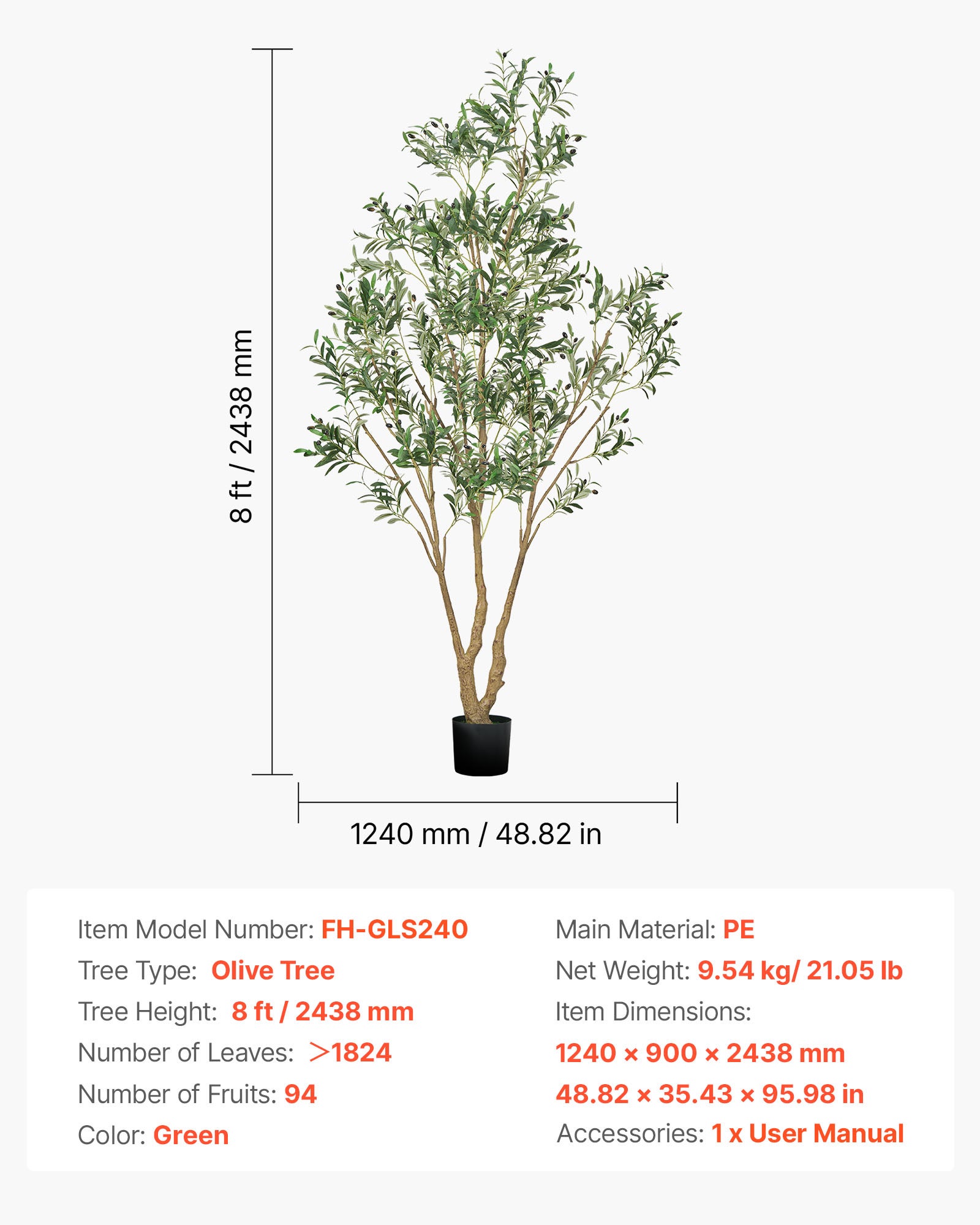 Arbre Artificiel,VEVOR 2,4 m,Plante Artificielle en PE Olivier Artificiel avec Pot Noir,pour Bureau,Chambre à Coucher,Décoration d'Intérieur - 7