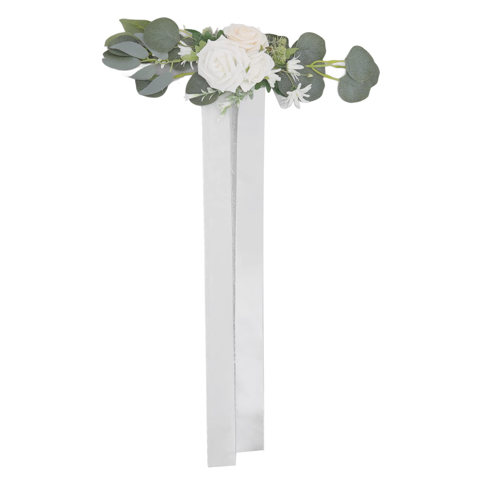 Silla de boda con flores blancas Decoración de respaldo de silla de boda Flores artificiales para fotografía - 7