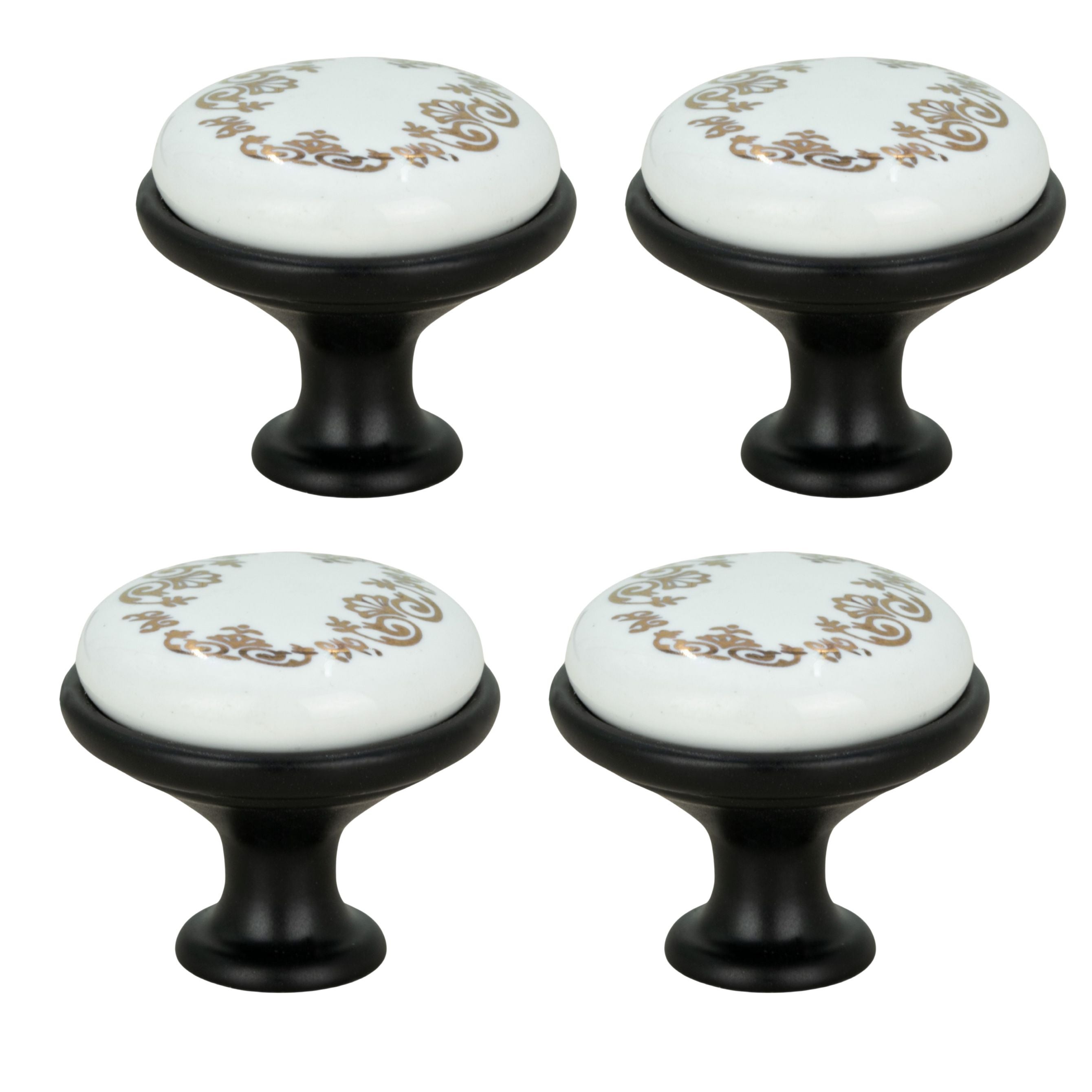 4 x Gałka meblowa okrągła czarna z ceramiką i wzorem retro