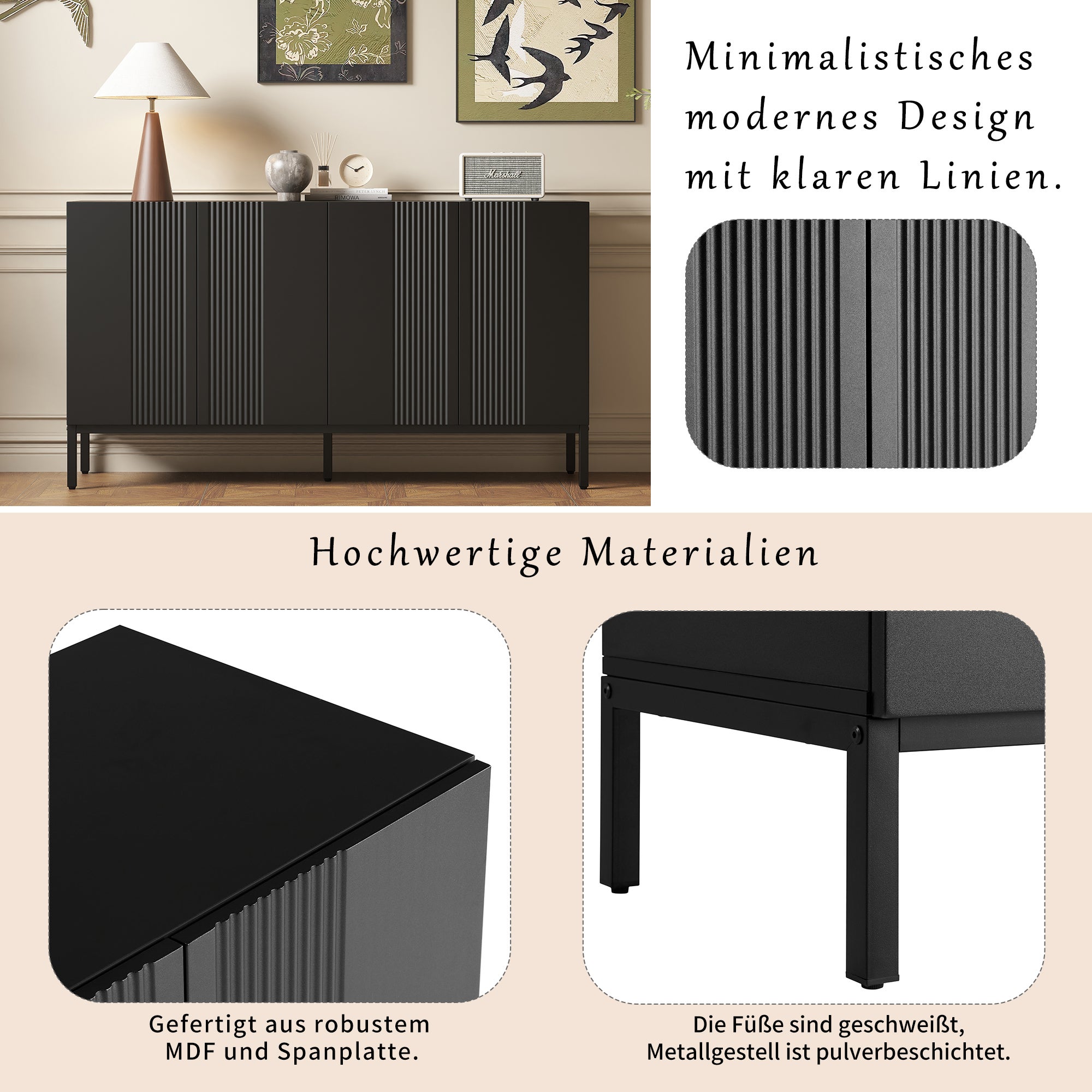 Buffet moderne aux lignes uniques, 4 portes sans poignées, pour salle à manger, salon et cuisine (Noir) - 7