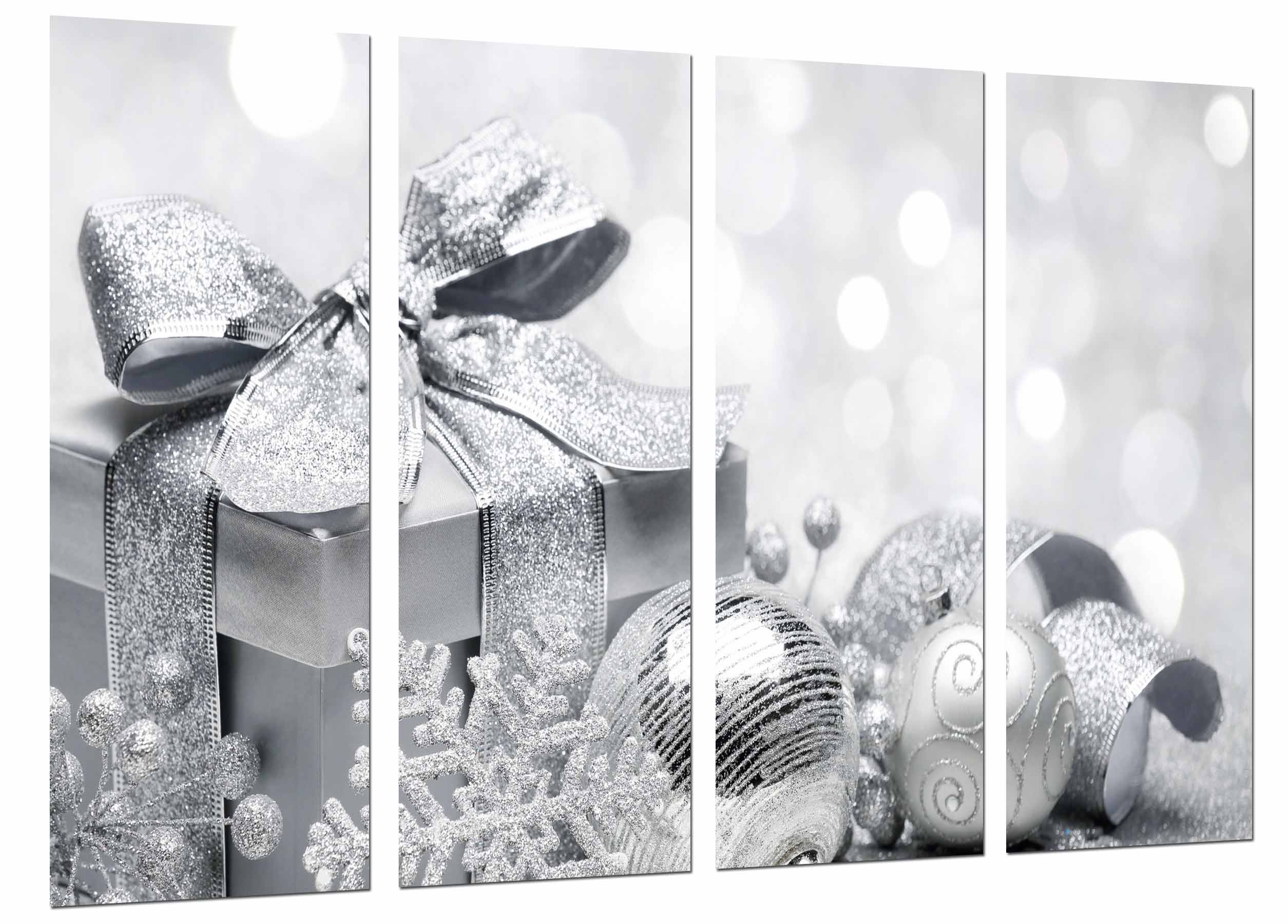 Navidad, adornos navideños plateados, regalos plata, impresión fotográfica sobre madera, cuadro moderno decorativo