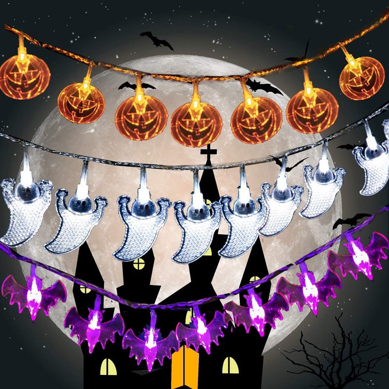 Zestaw 3 girland świetlnych na Halloween, 3*20 LED zasilanych bateriami, dekoracyjne lampki halloweenowe, duchy, dynie i nietoperze