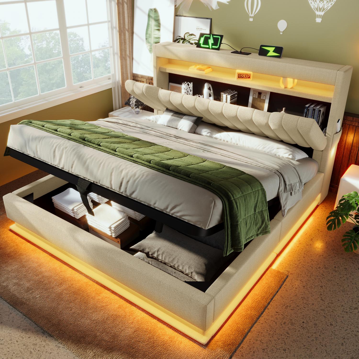 Łóżko tapicerowane 160x200cm z oświetleniem LED, zagłówkiem z wejściem USB/Typ-C i dużą, praktyczną przestrzenią do przechowywania