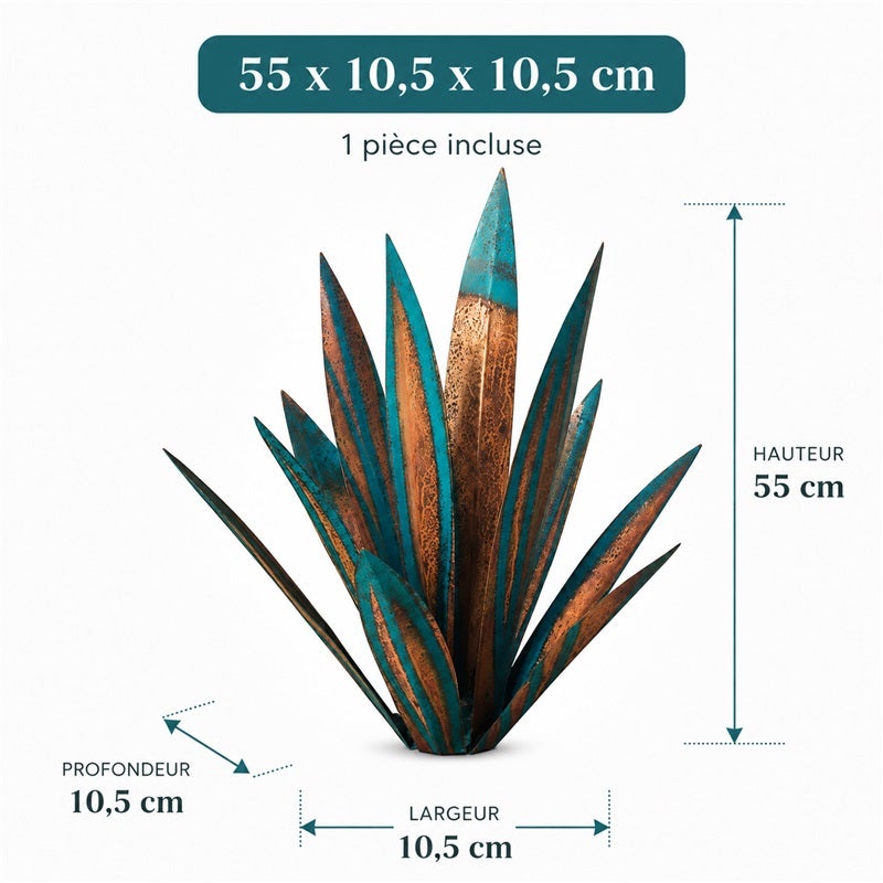 Agave décoratif en métal, sculpture de jardin rustique effet patiné bleu turquoise et cuivre, pour terrasse et extérieur, 55 x 10,5 x 10,5 cm - 2