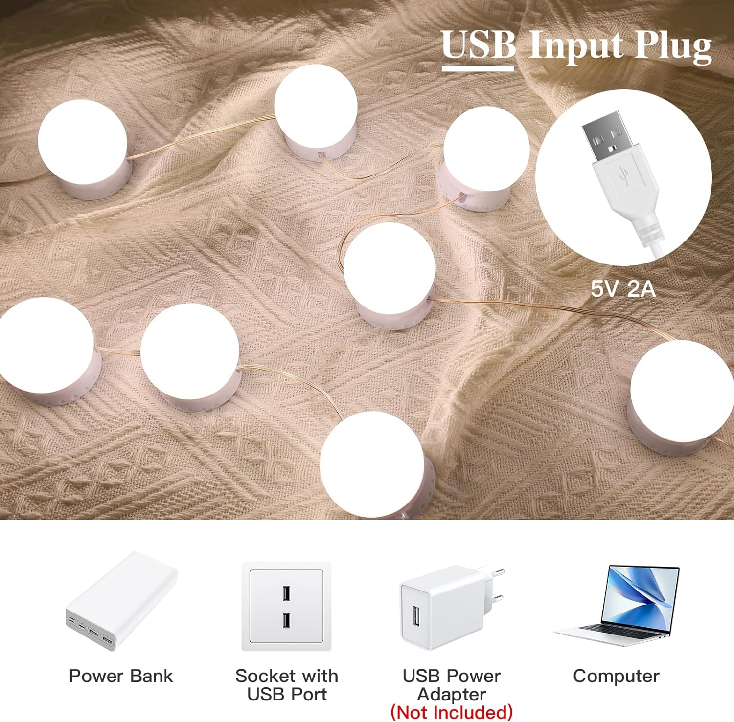 Lumière de Miroir, 14 Ampoules pour Coiffeuse Maquillage, Miroir LED Hollywood Dimmable, Lampe Coiffeuse USB avec Interrupteur,3 Couleurs - 4