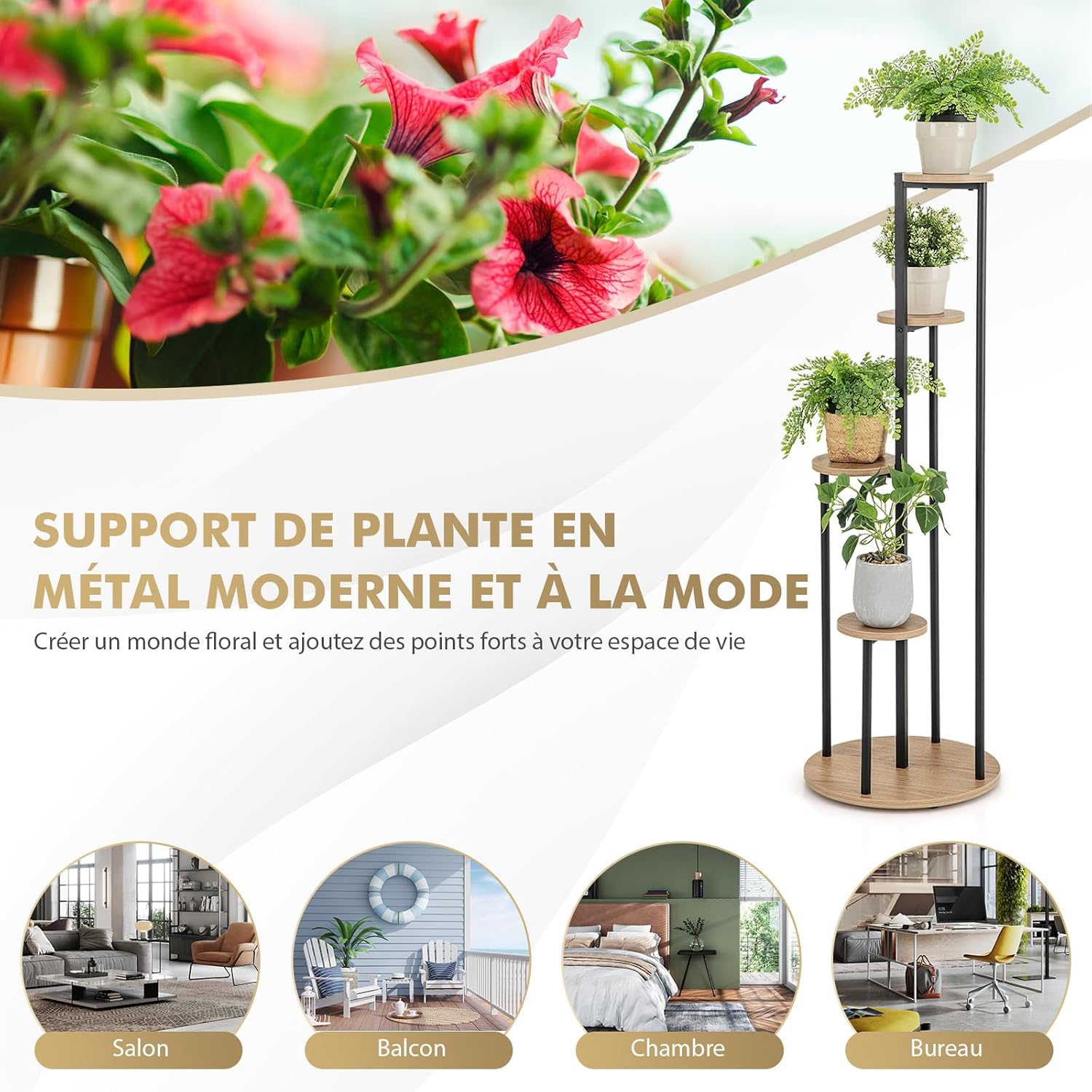 Support pour Plantes à 5 Niveaux, Étagère d'Angle pour Plusieurs Plantes avec Texture Marbre, Support de Pots de Fleurs et Présentoir (Naturel) - 4