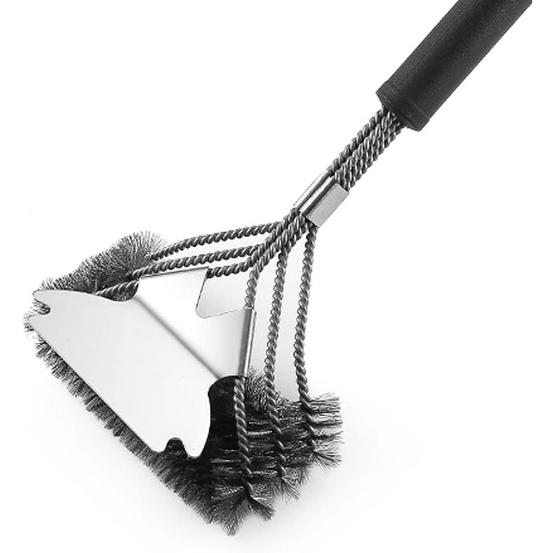 Szczotka do czyszczenia grilla z 3 rzędami spiralnych drucianych włosi i skrobakiem, akcesorium do czyszczenia rusztów grilla