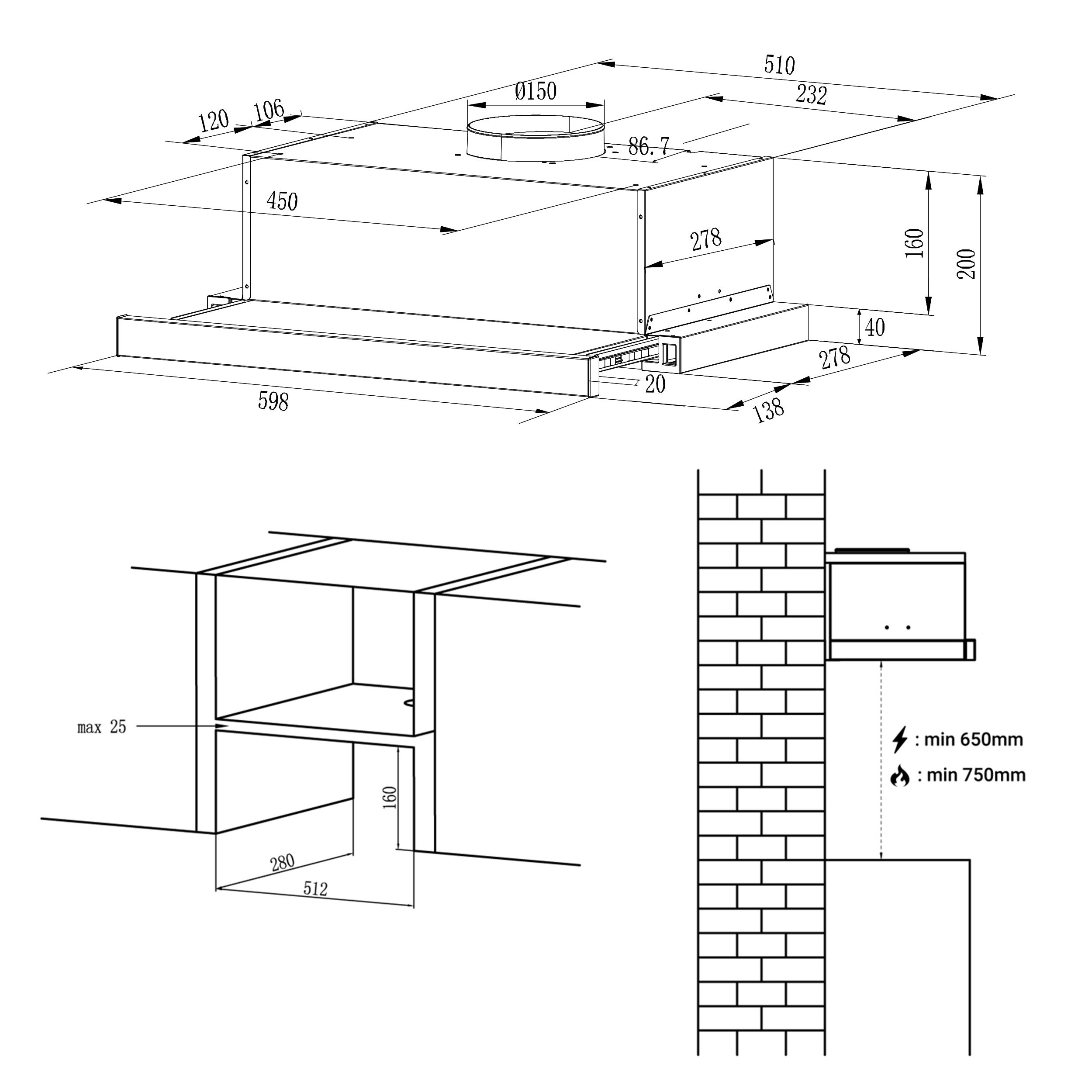 CIARRA Hotte Tiroir 60cm A++ 370m³/h avec 2pcs Filtres à charbon Recyclage et Évacuation Inox CD6906DS - 9