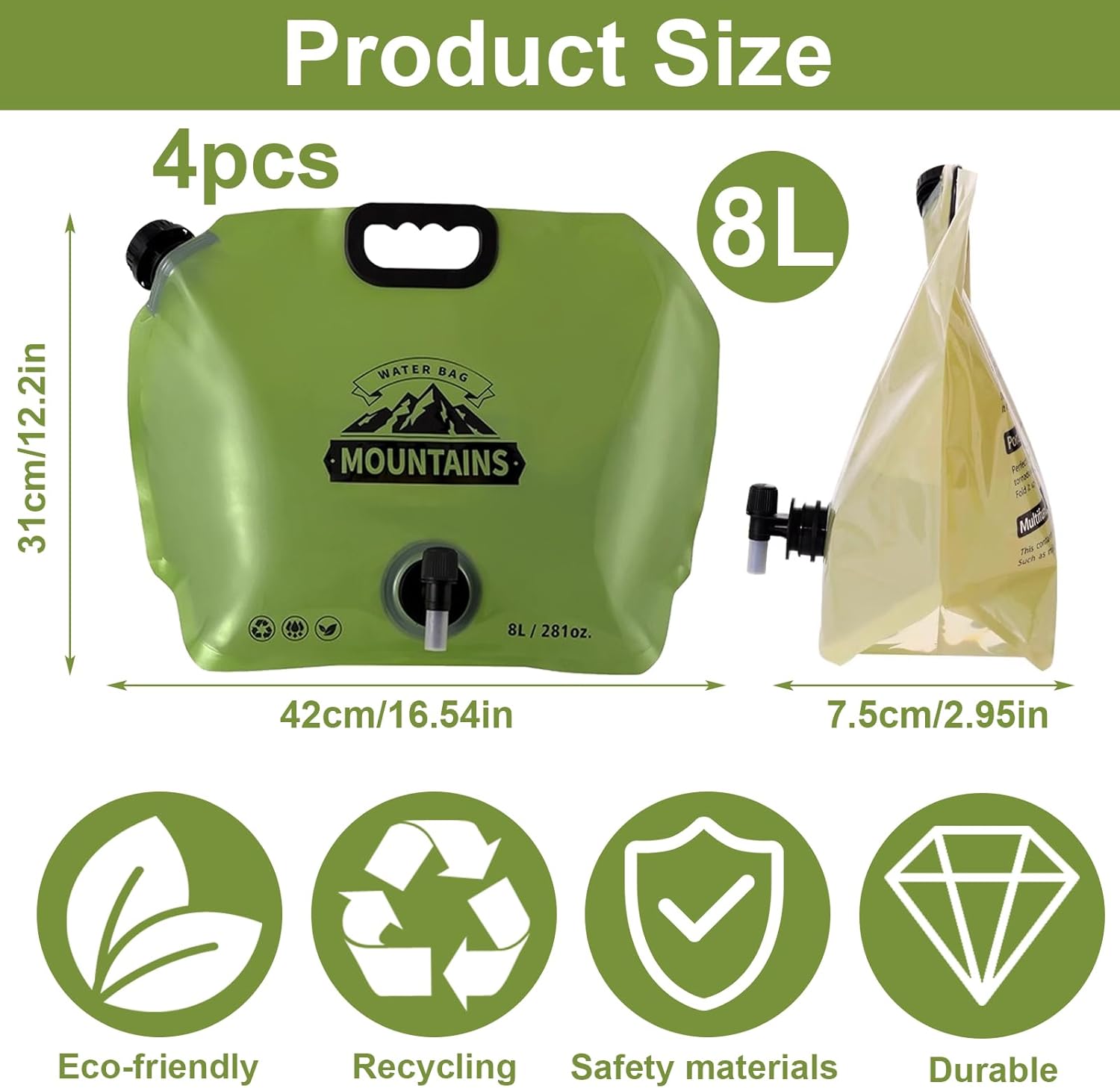Bidón De Agua Plegable De 8L Con Grifo – Pack De 4 Unidades, Sin BPA, Apto Para Alimentos, Resistente A Fugas, Para Camping, Senderismo Y Emergencias