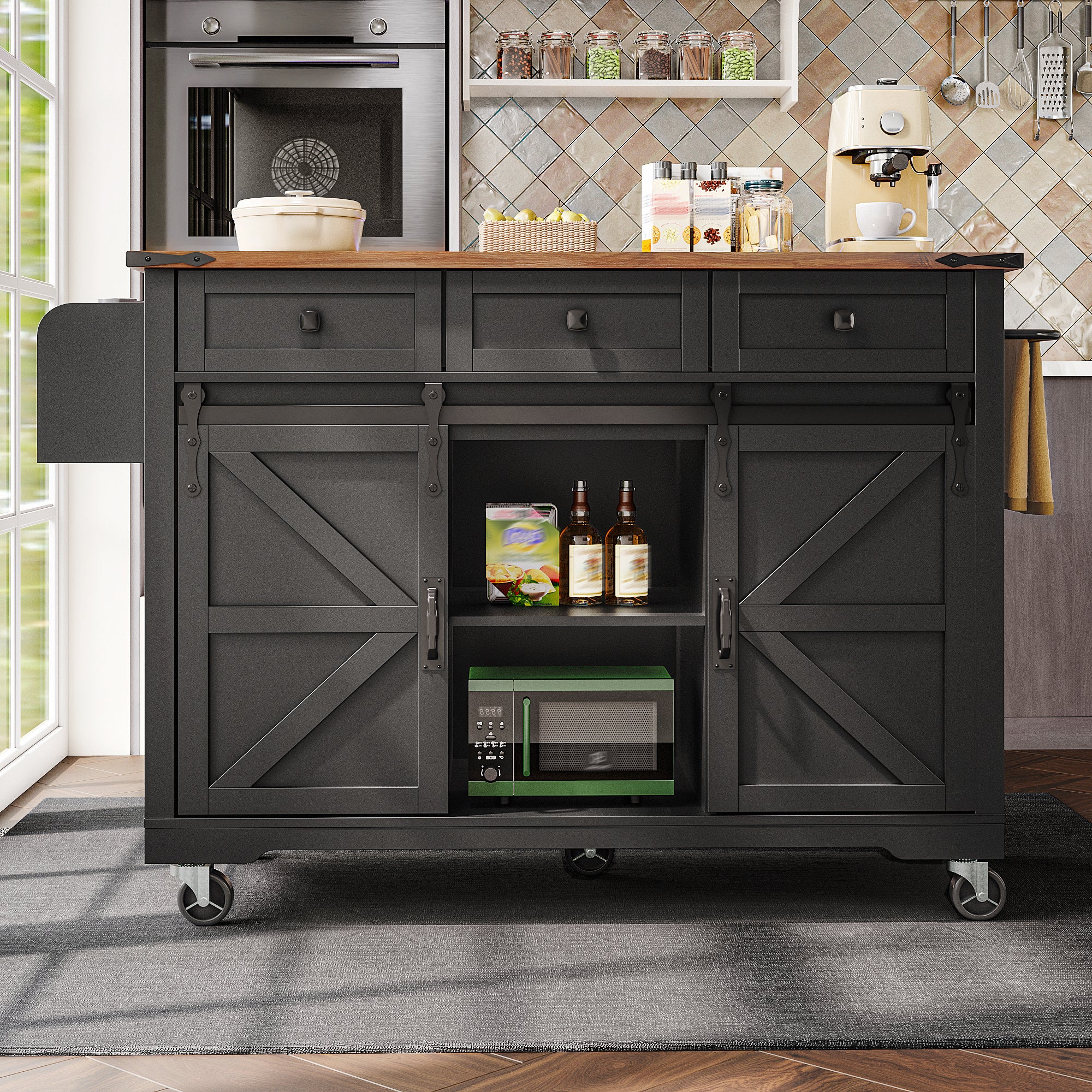 Isla de cocina, carrito de servicio con encimera extensible, carrito de cocina con ruedas, armarios negros.