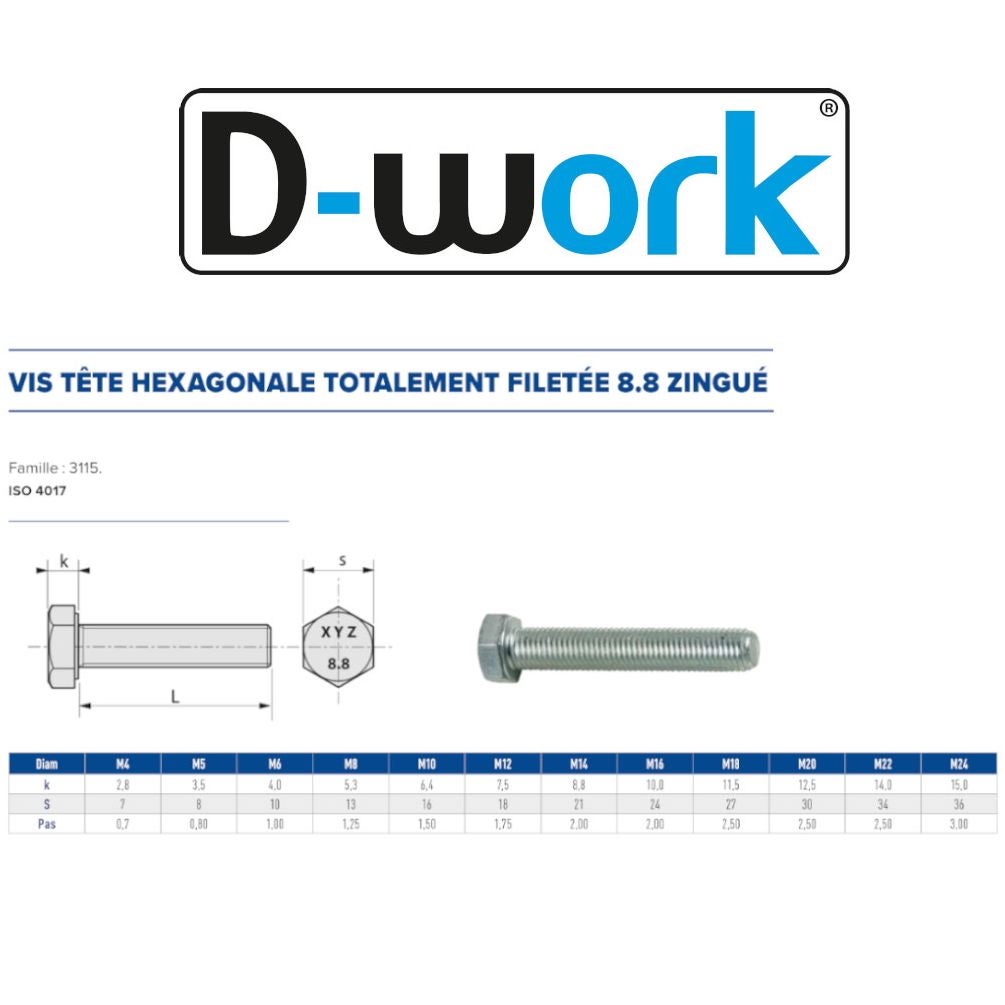 50 Vis Métaux Tête Hexagonale F/Total 16 x 35 mm - 4017 - 8.8 - Zingué blanc - D-Work - 2