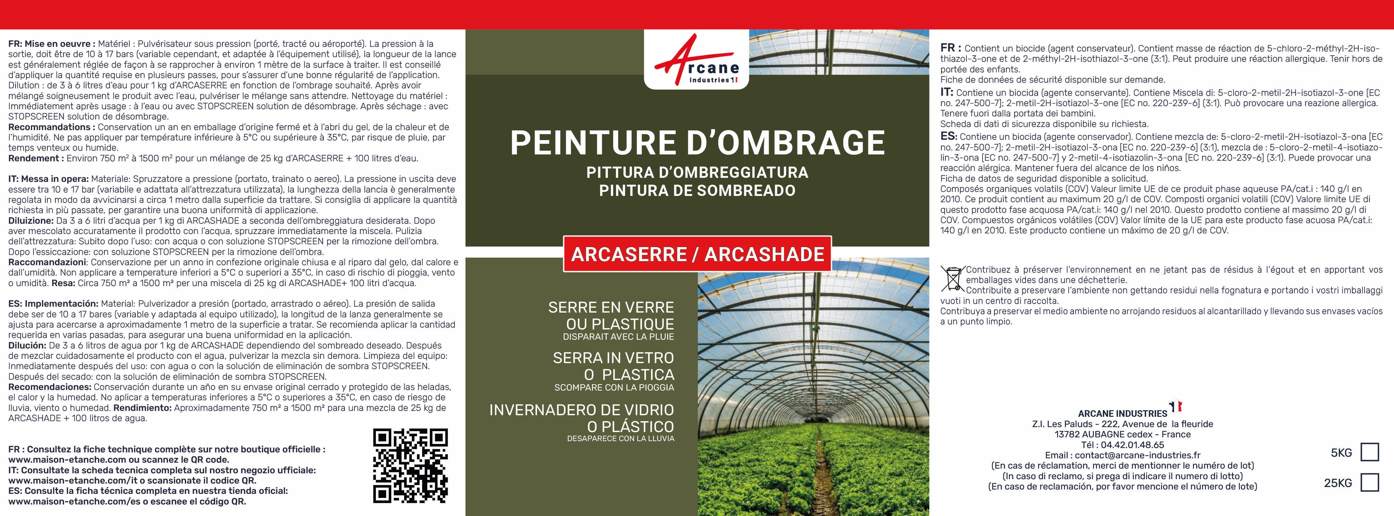 Peinture d'ombrage serres plastiques vitrages agricoles ou industriels - ARCASERRE - 5 kg Blanc - ARCANE INDUSTRIES - 3