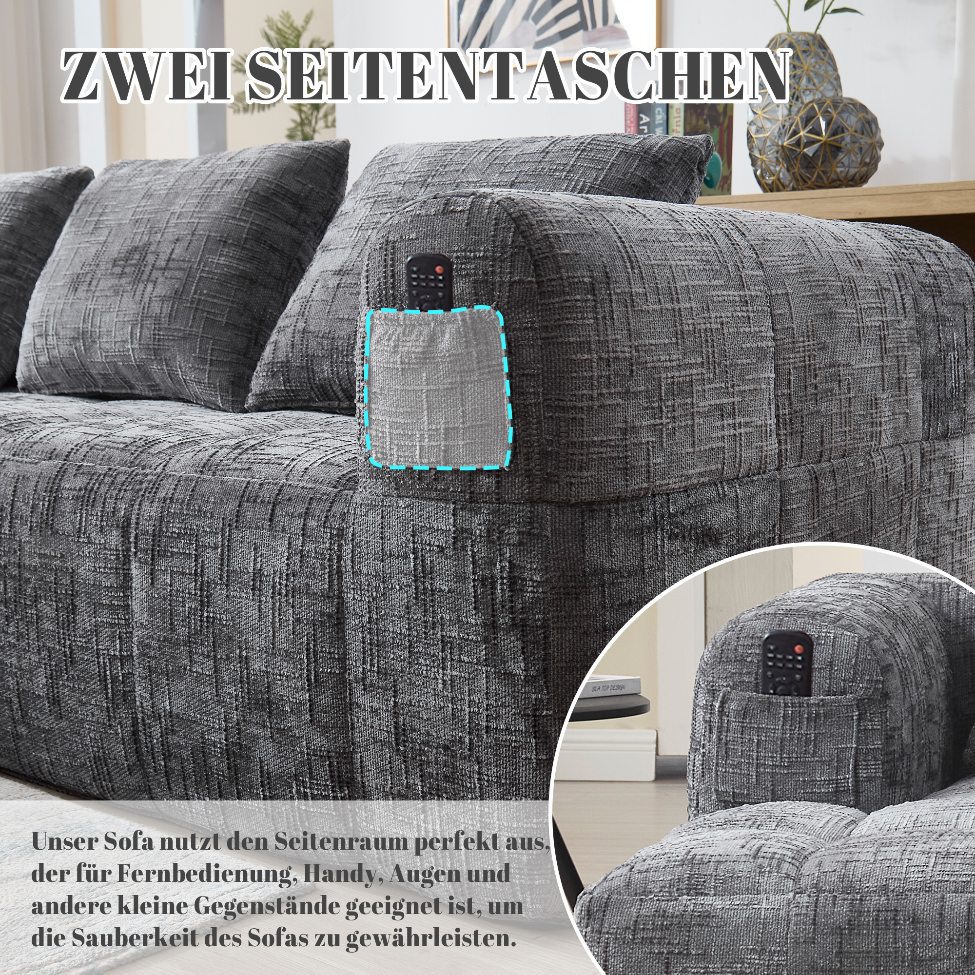 Canapé d'angle 3 places - Style moderne en chenille avec chauffeuse 3 coussins et poche pour télécommande gris - 5