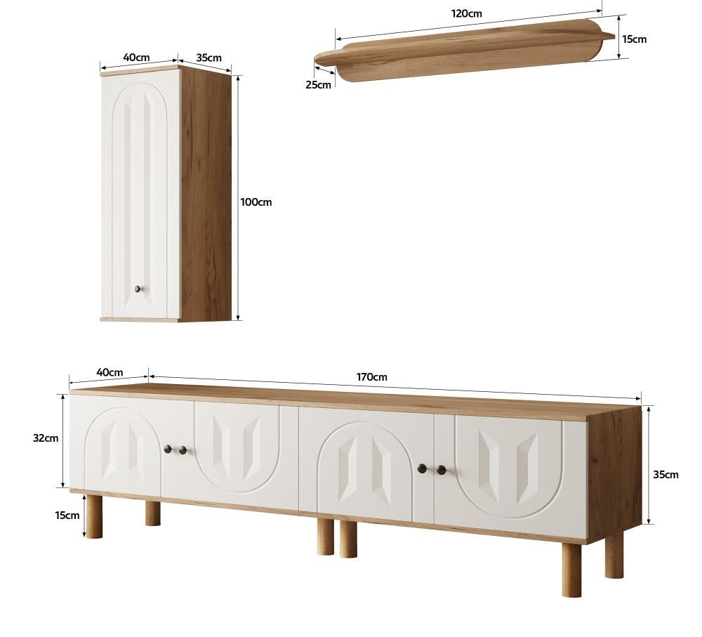 Mobile TV modulare a 3 pezzi con vetrine intagliate, mensole a muro e ampi contenitori in legno/bianco - 9