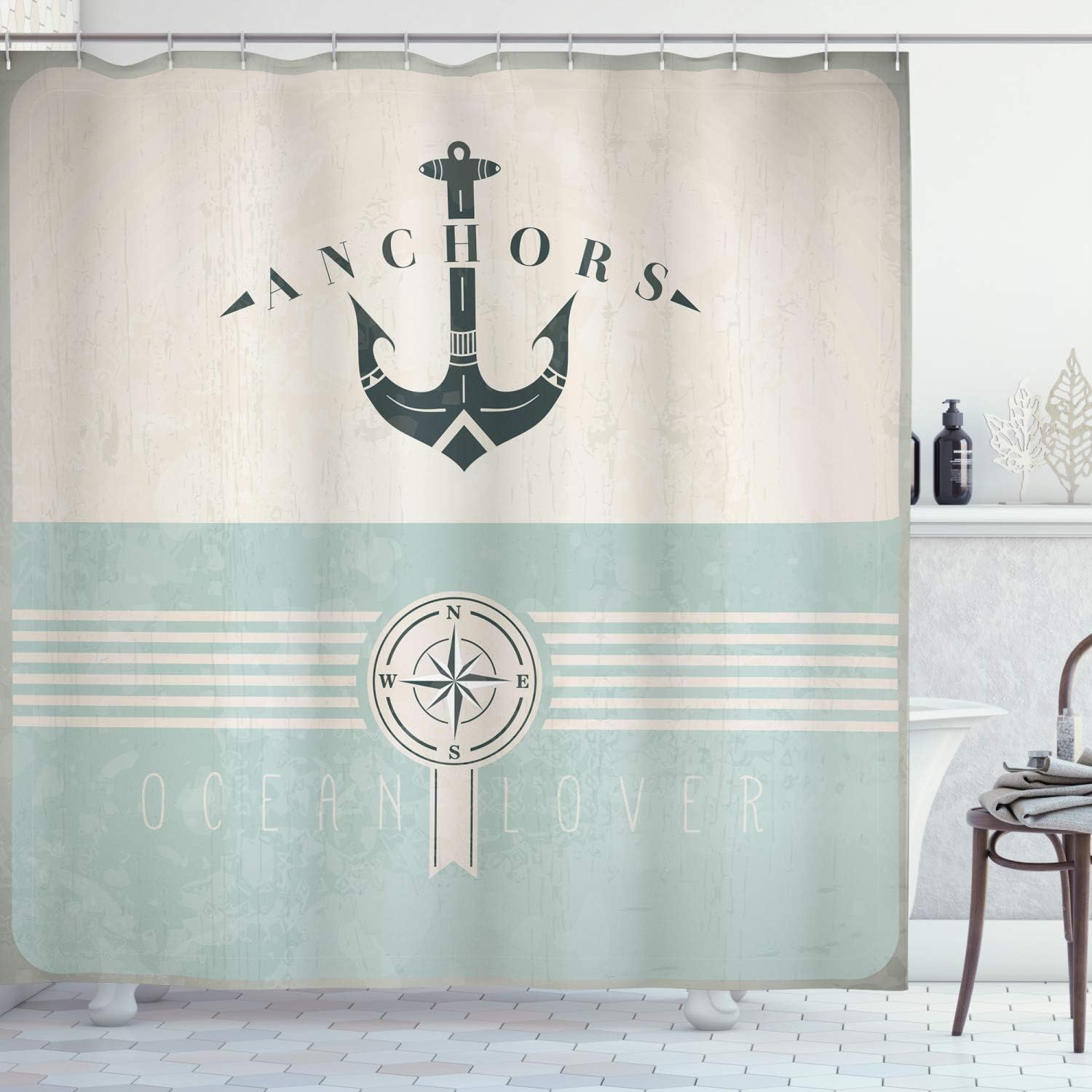 Zasłona prysznicowa w stylu marynistycznym, vintage'owa kotwica morska, zestaw dekoracyjny do łazienki z tkaniny i haczykami, 180 cm x 180 cm, morska