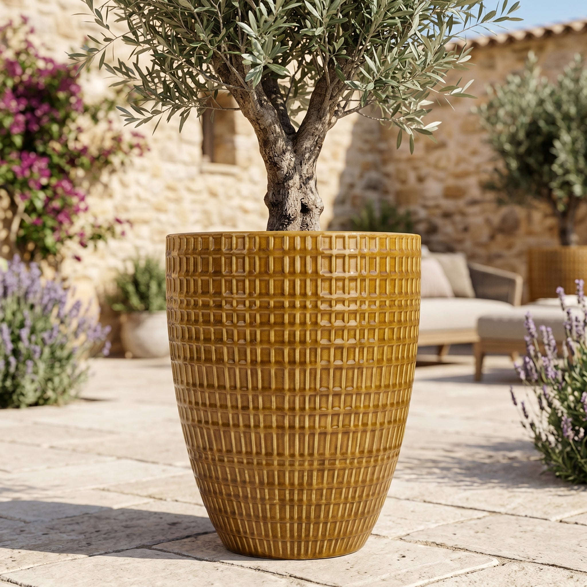 Pot grande taille d'extérieur VERNE 41x55cm miel, fait main en terre cuite émaillée, résistant au gel - 2