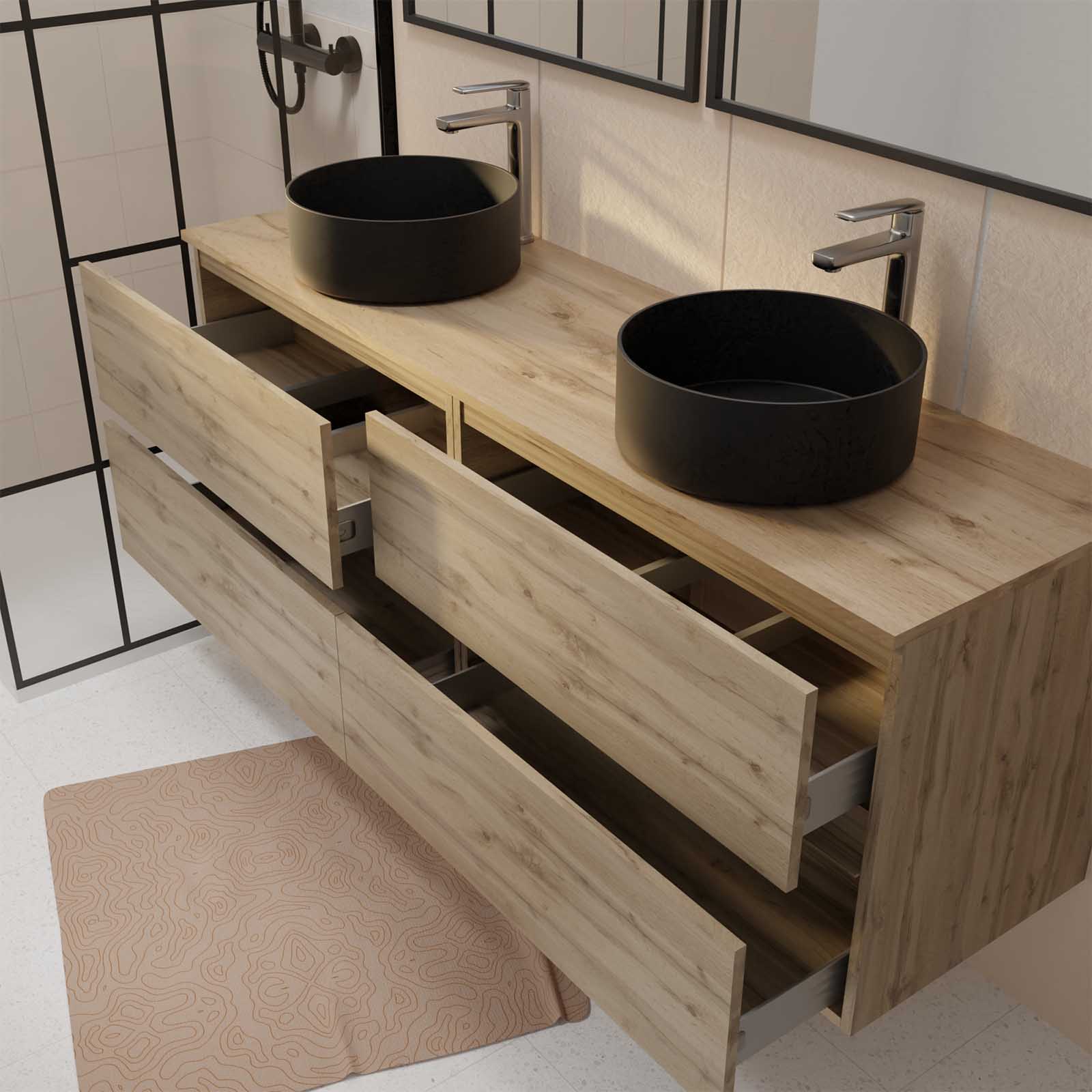 Meuble de salle de bains 160 TIMBER Décor Chêne - 4 Tiroirs - 2 Vasques Rondes Noires - 2