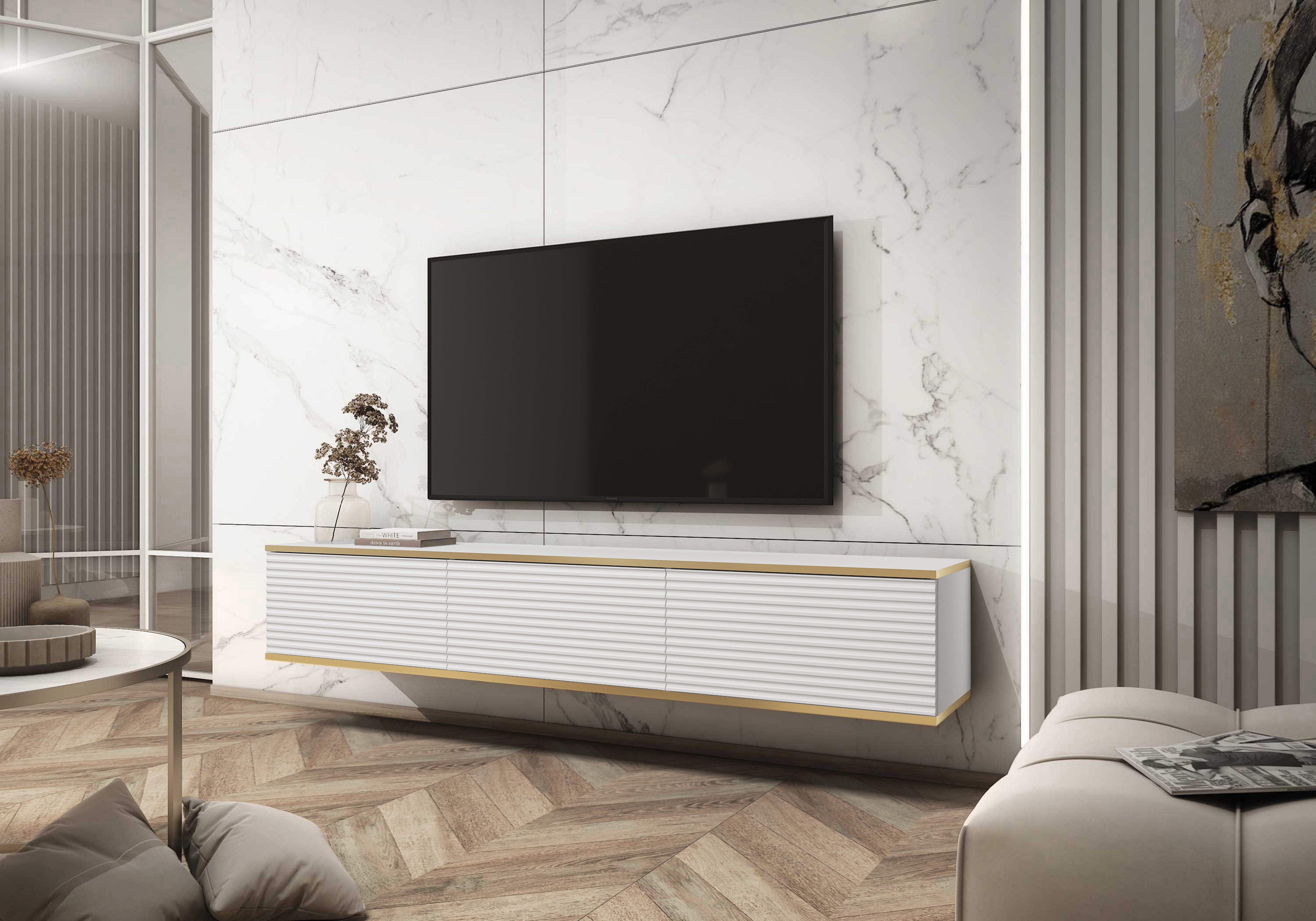Stolik pod TV z listwami, biały, 175 x 30 x 32 cm, otwierany na wcisk - 2