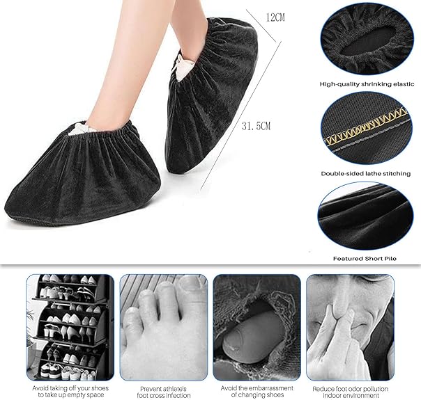 6 Paires(Noir) Surchaussures Lavable Couvre-Chaussure Anti Glisse Réutilisables Antidérapant Surchausson avec Flanelle Pantoufle - 5