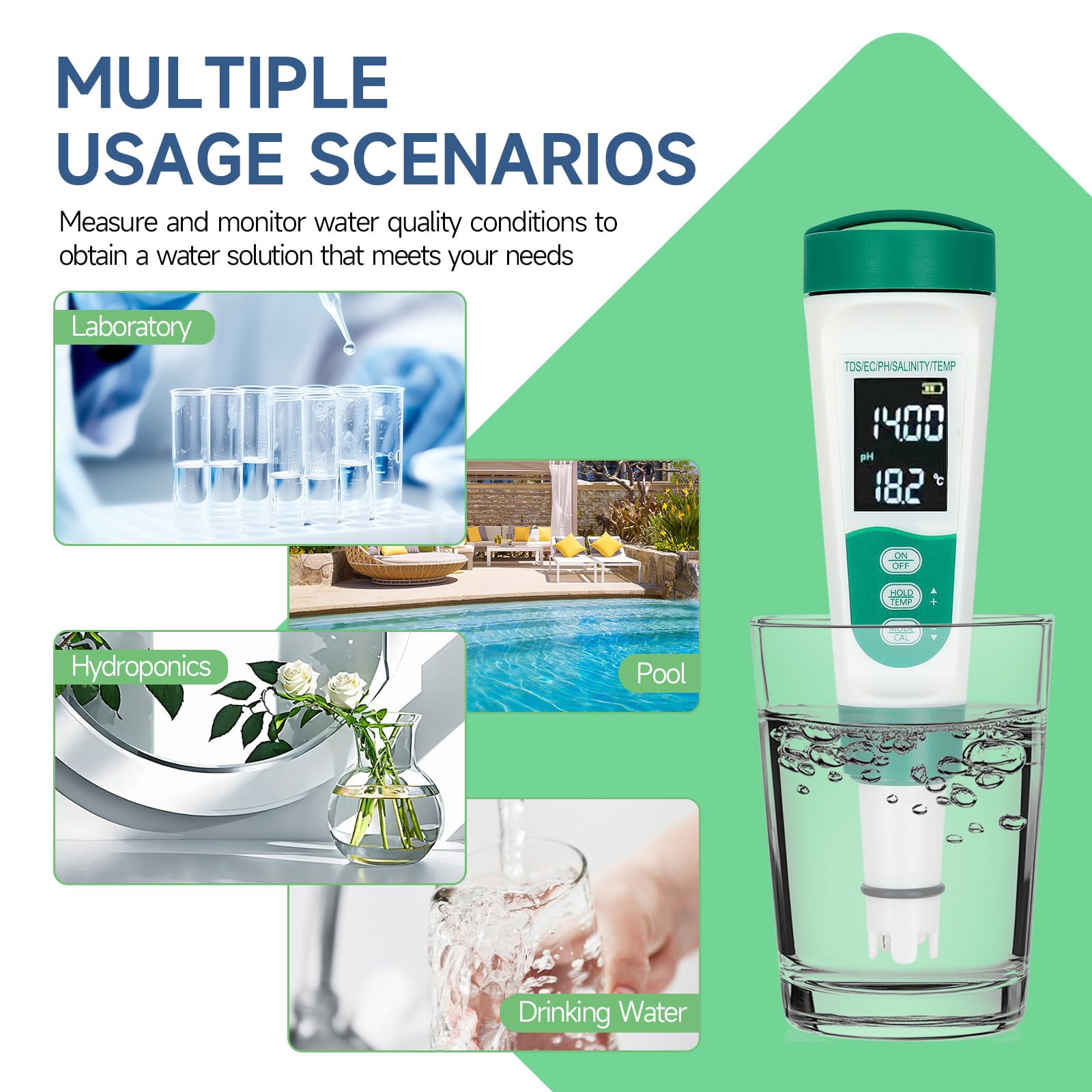 Stylo de test de qualité de l'eau multifonction 5 en 1, TDS, EC, pH, sel, température, résultats rapides, haute précision, testeur de qualité de l'eau - 9