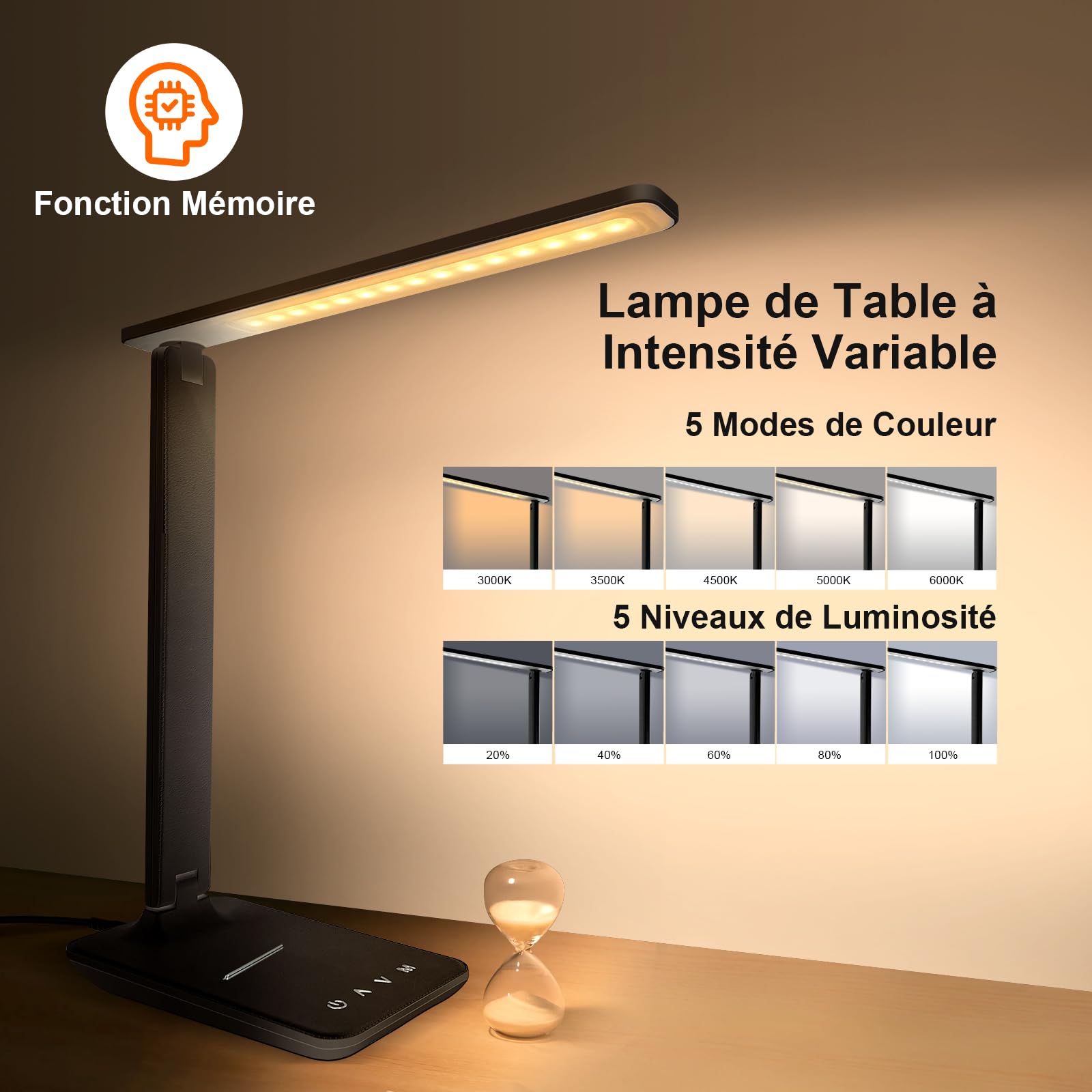 Lampe de table LED, lampe de chevet à intensité variable, 5 modes de couleur,5 niveaux de luminosité, contrôle tactile flexible,pour chambre à coucher - 2