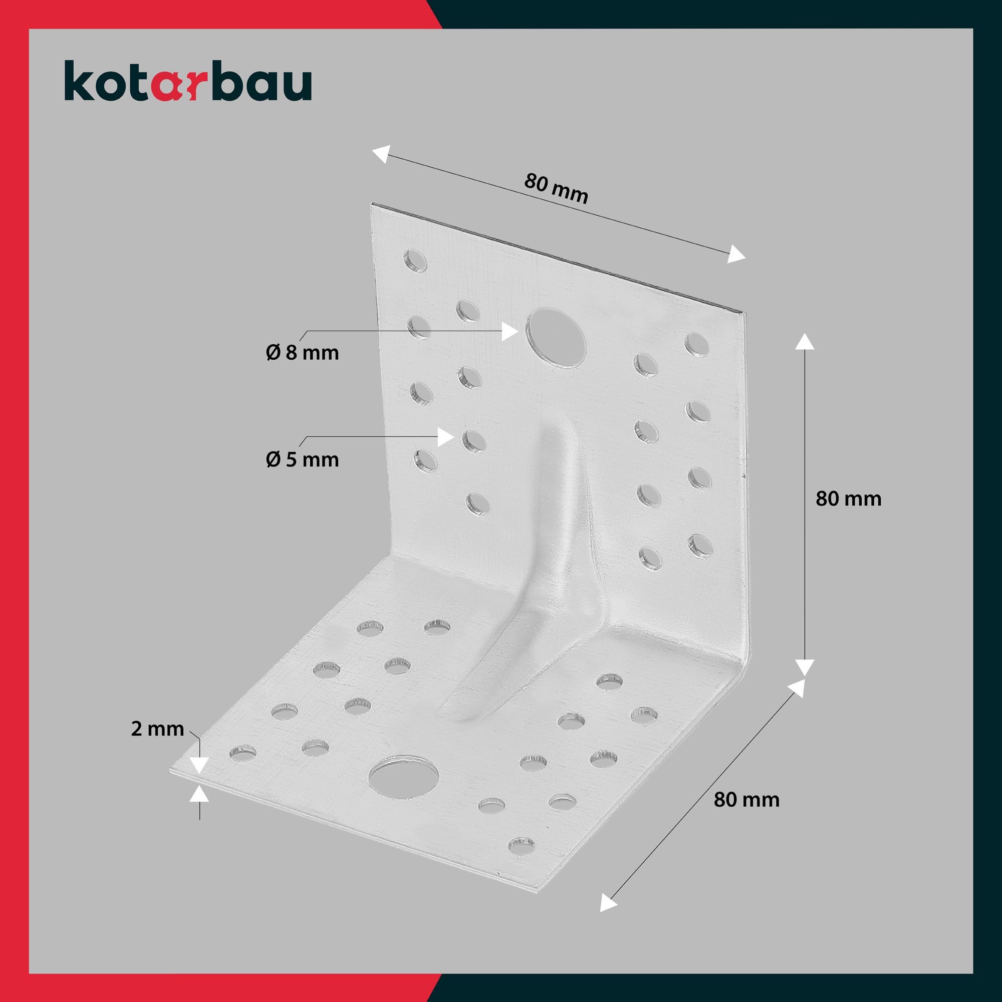 12 szt. Kątownik Ciesielski - Łącznik Budowlany - 80 x 80 x 80 mm - Stal ocynkowana - Z Przetłoczeniem - Nierdzewny KOTARBAU - 3