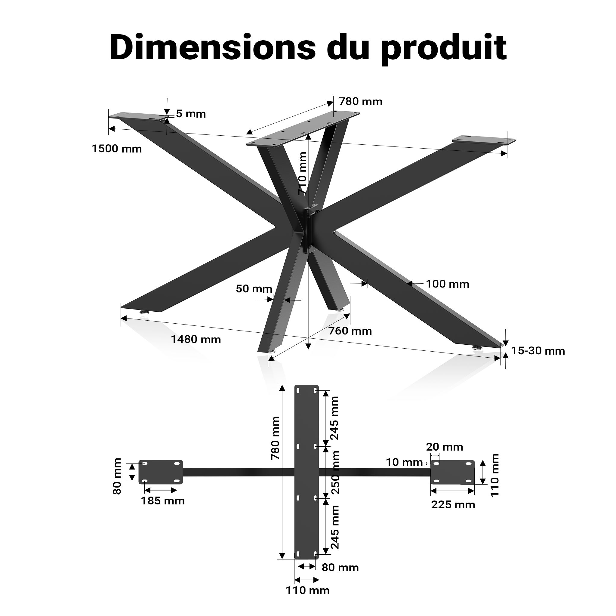 Pied de Table Spider Piètement en Acier 71x78x150cm Forme Araignée en Noir Support Surface Travail Pied de meuble Matériel de fixation… XPOtool - 3