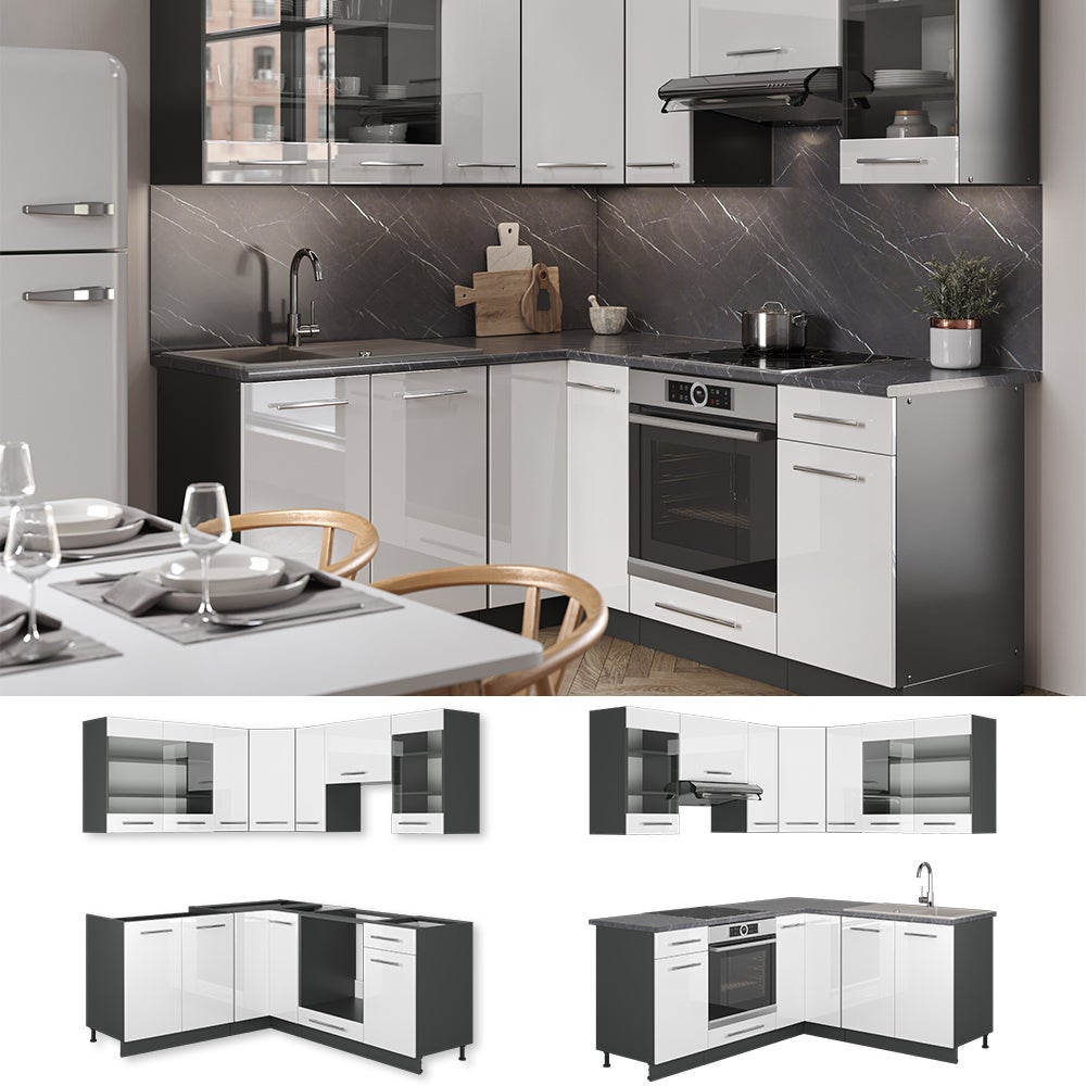 Vicco Cuisine en angle Fame-Line, Blanc brillant/Anthracite, 190x60cm , PT Chêne - 6