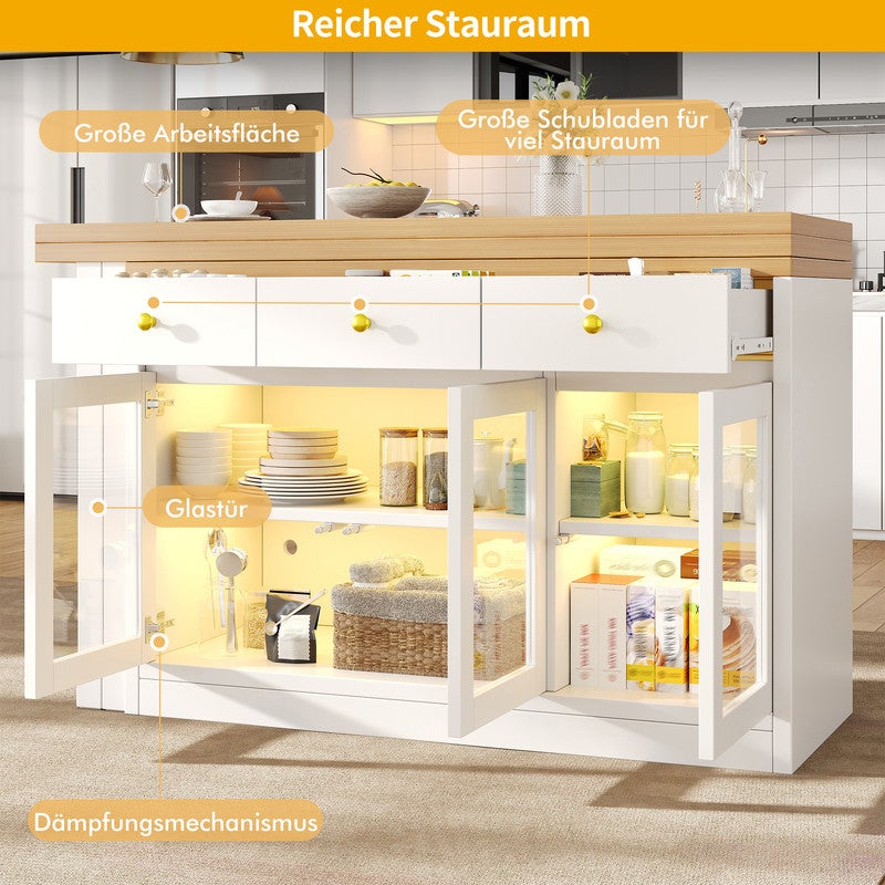 Îlot de cuisine moderne avec éclairage LED,Îlot de bar rétractable avec 3 tiroirs et portes vitrées,Chariot de cuisine multifonctionnel, Blanc - 8