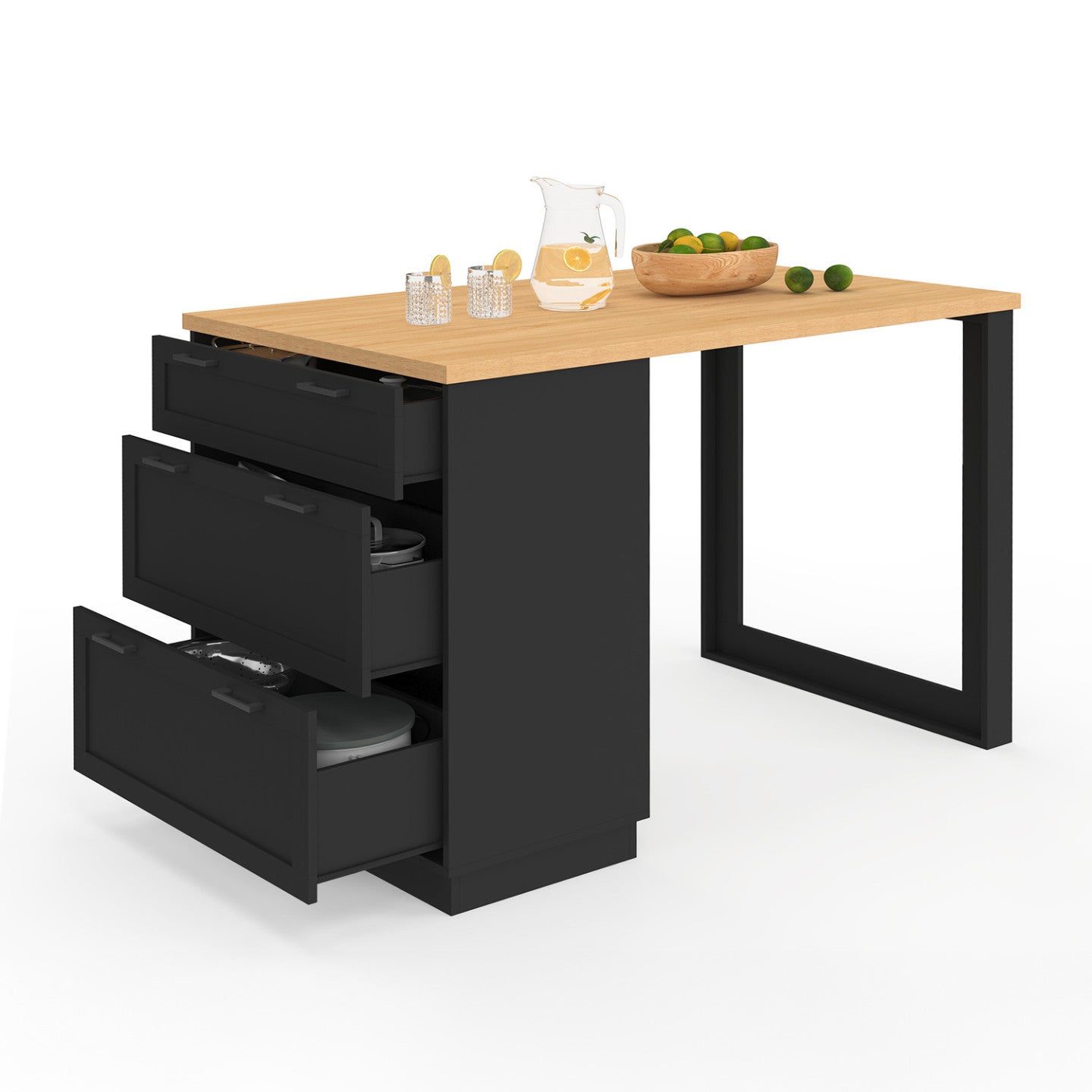 Ilot central mange-debout 4 personnes VITO 130 cm casserolier 3 tiroirs noir et plateau bois - 2