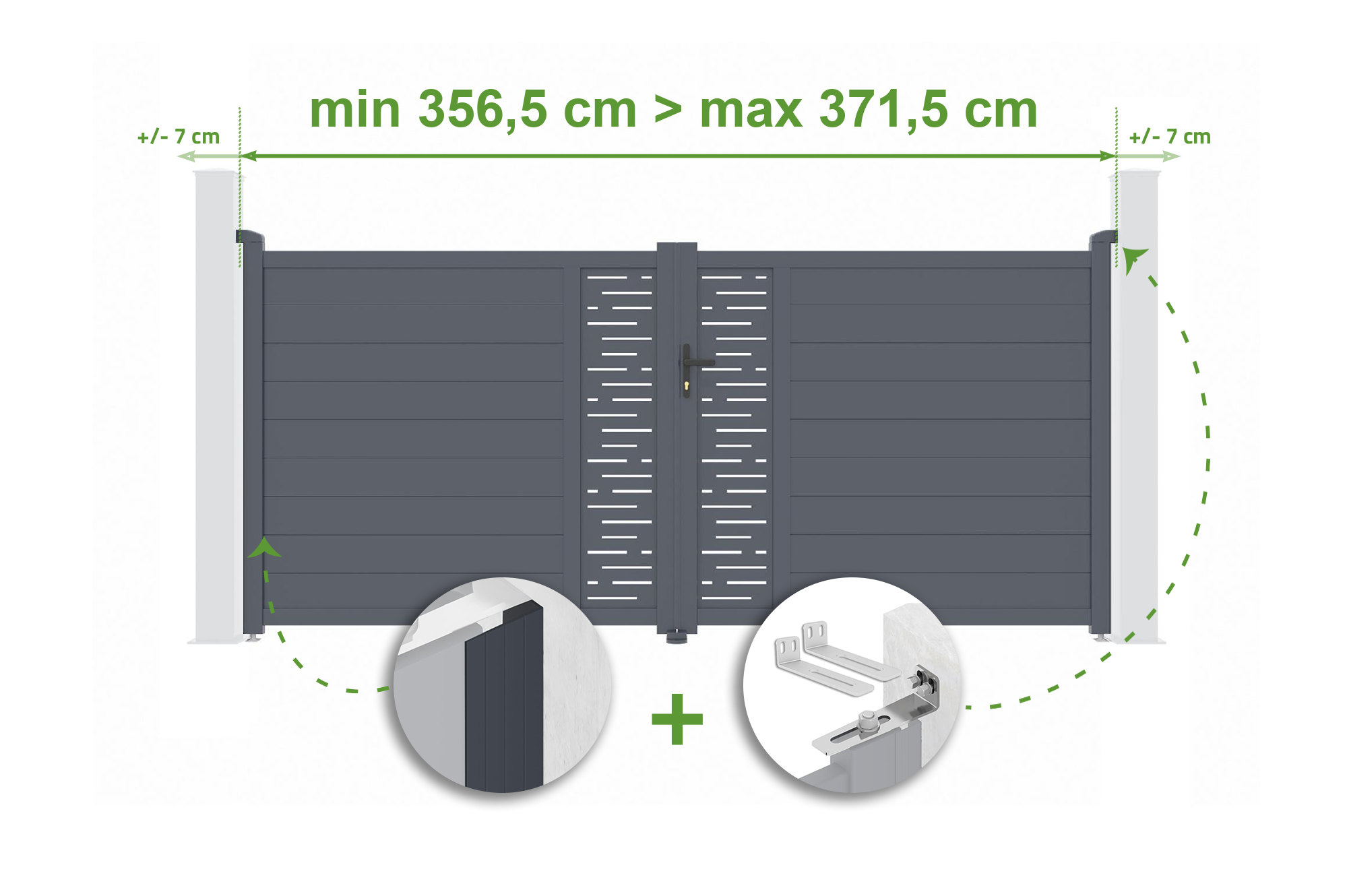 Brama skrzydłowa regulowana szerokość 3,5m ARLBERG H.160cm szare aluminium