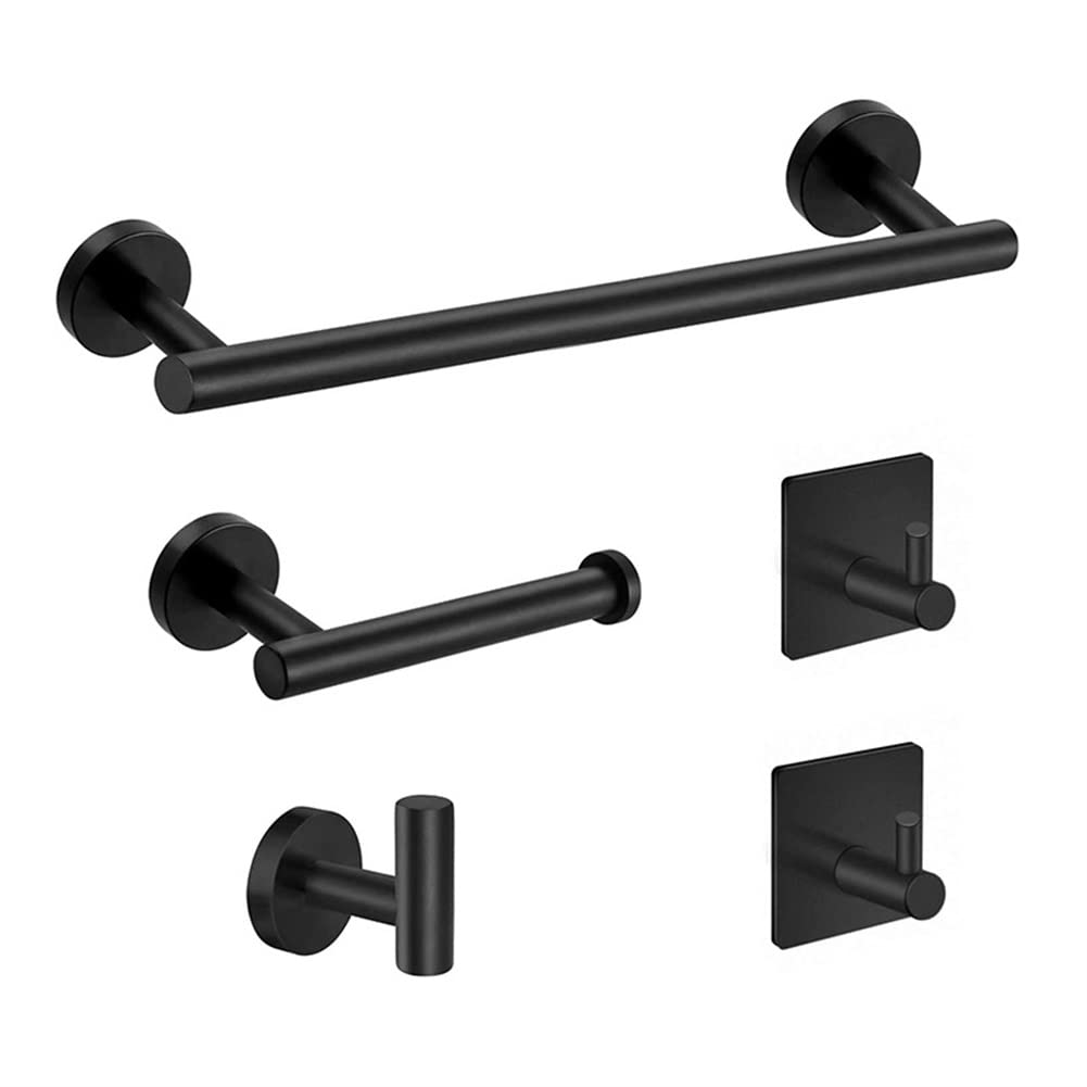 Set 5 Accessori Bagno Nero Opaco In Acciaio Inox 304, Con Portasciugamani 39.6 Cm, Anello E Ganci