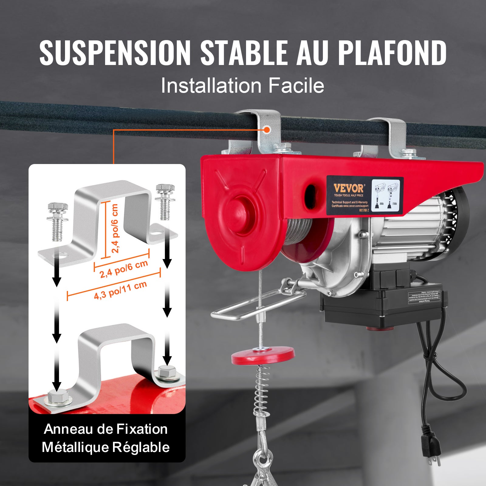 Treuil-Palan Électrique VEVOR 1000 kg 1600 W, Télécommande Sans Fil, 10 m/min, Câble 12 m, Moteur Cuivre Pur pour Garages, Entrepôts, Usines - 6