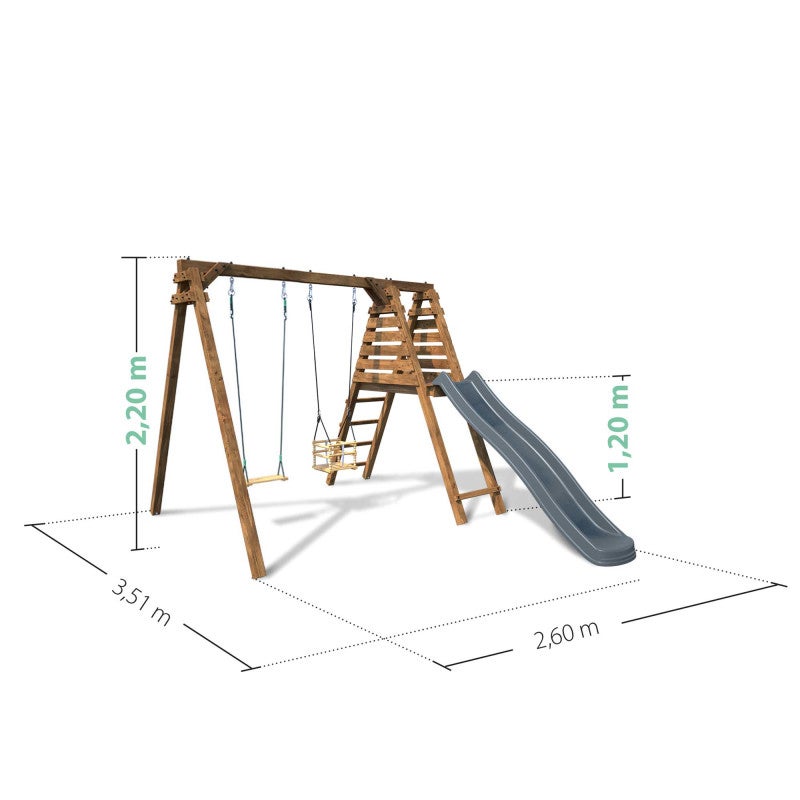 Portique en bois carré 2 agrès avec balançoire bébé et toboggan PRUNE - 4