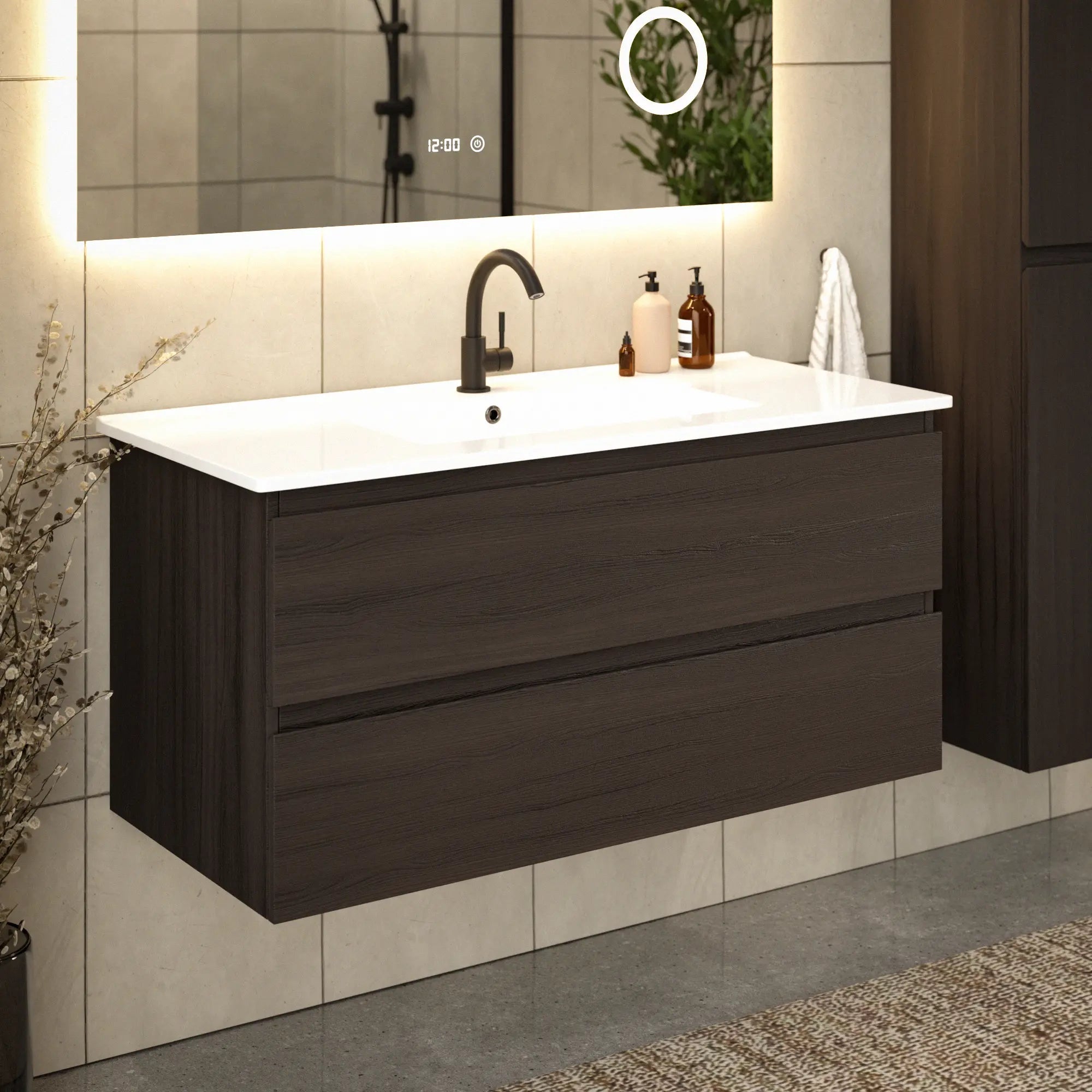 Mirlux Meuble vasque Varo - 100 x 46 x 50 cm - Noyer - Vasque blanche incluse - 2