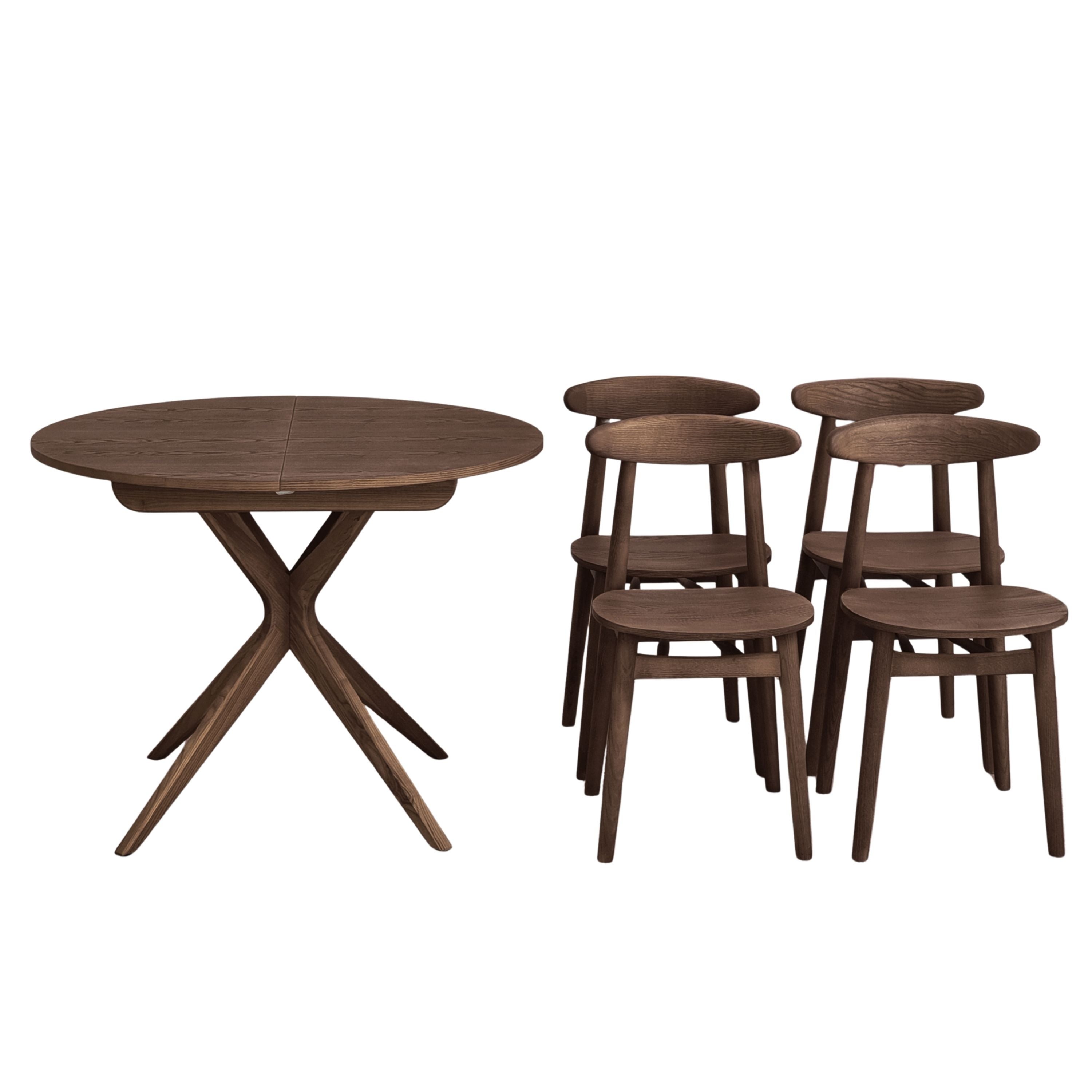 Table ronde extensible 100 cm avec 4 chaises, couleur noyer | Leroy Merlin