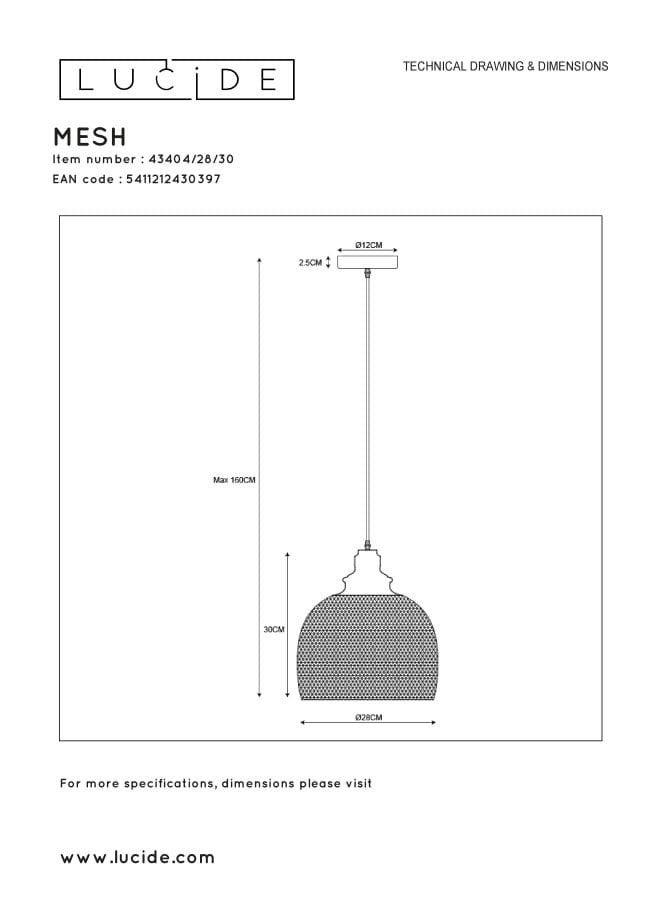 Suspension MESH - Noir - 1xE27 - Lucide - 7
