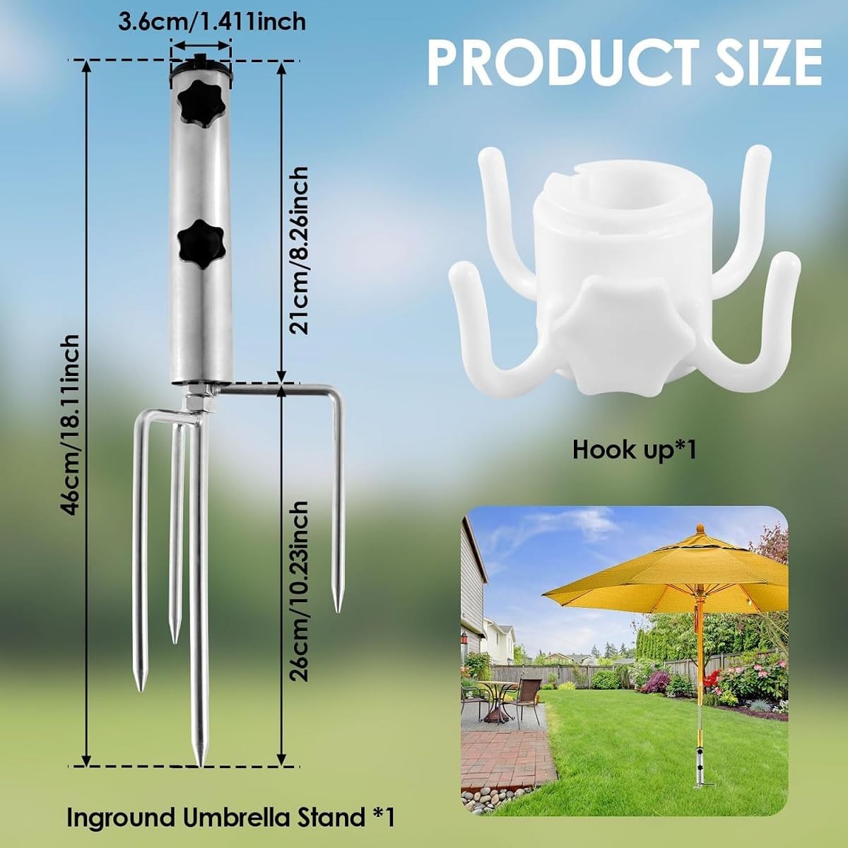 Support de parasol - Avec 4 piquets - Base de parasol - Piquet de parasol - Pied de parasol pour le sol - pour un diamètre de poteau jusqu'à 36 mm - 3