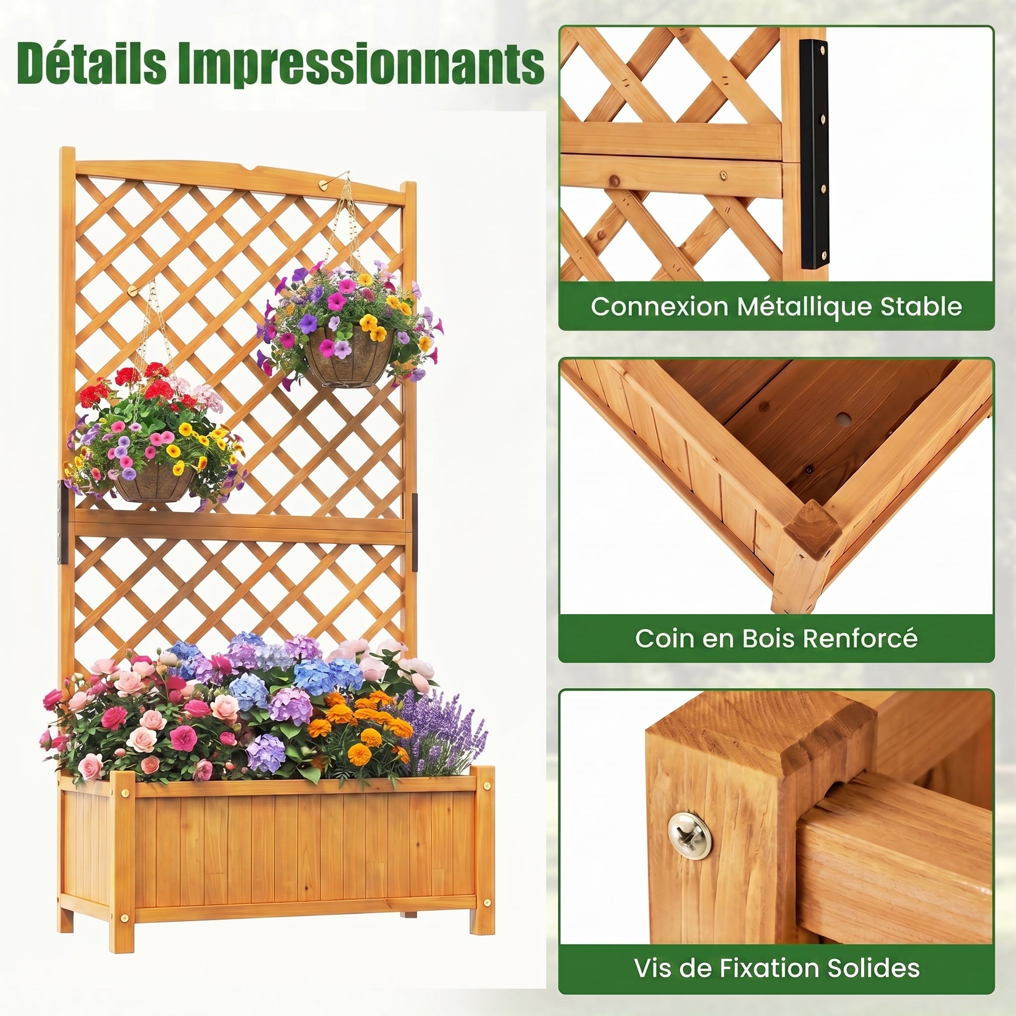 Jardinière avec Treillis 180cm en Bois, 4 Trou de Drainage pour Plantes Grimpantes, Fleurs, Bac à Fleurs avec Treillis, 90x44,5x180,5CM (Naturel) - 5