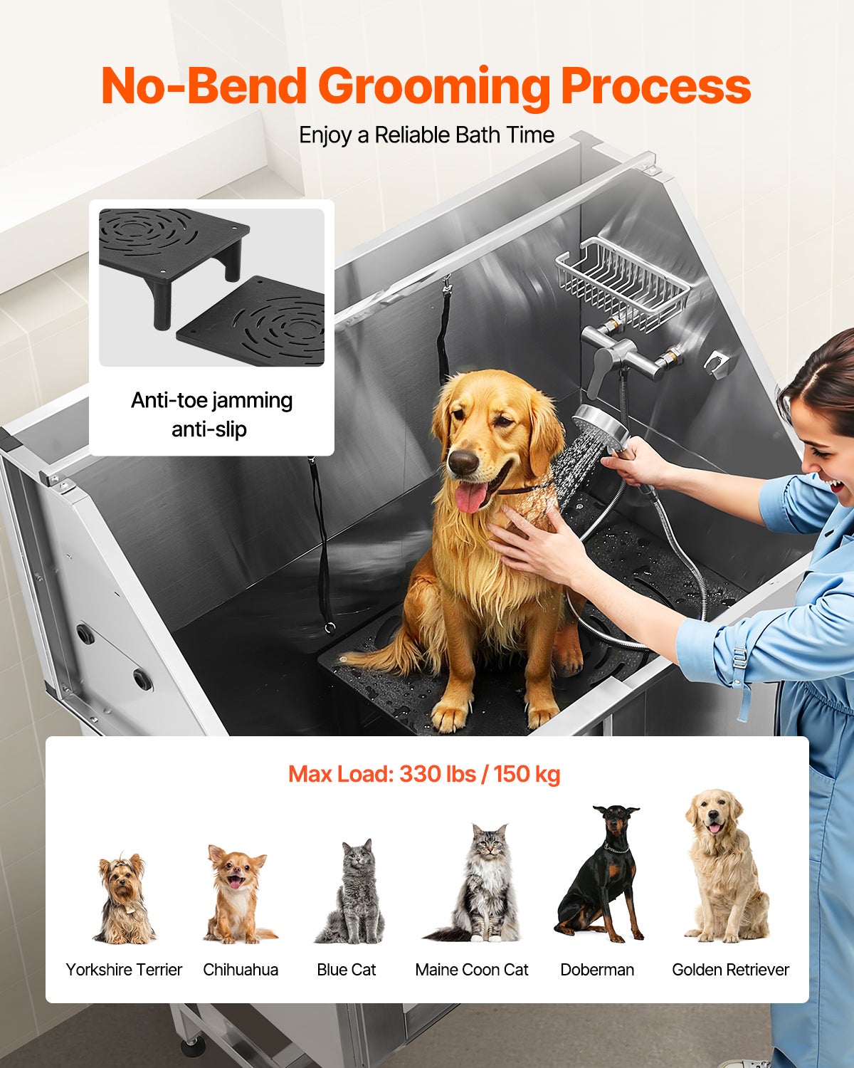 Banho para cães de aço inoxidável VEVOR, para animais de estimação Estação de lavagem para gatos de 127 cm, com escadas, painel de filtro de água - 4