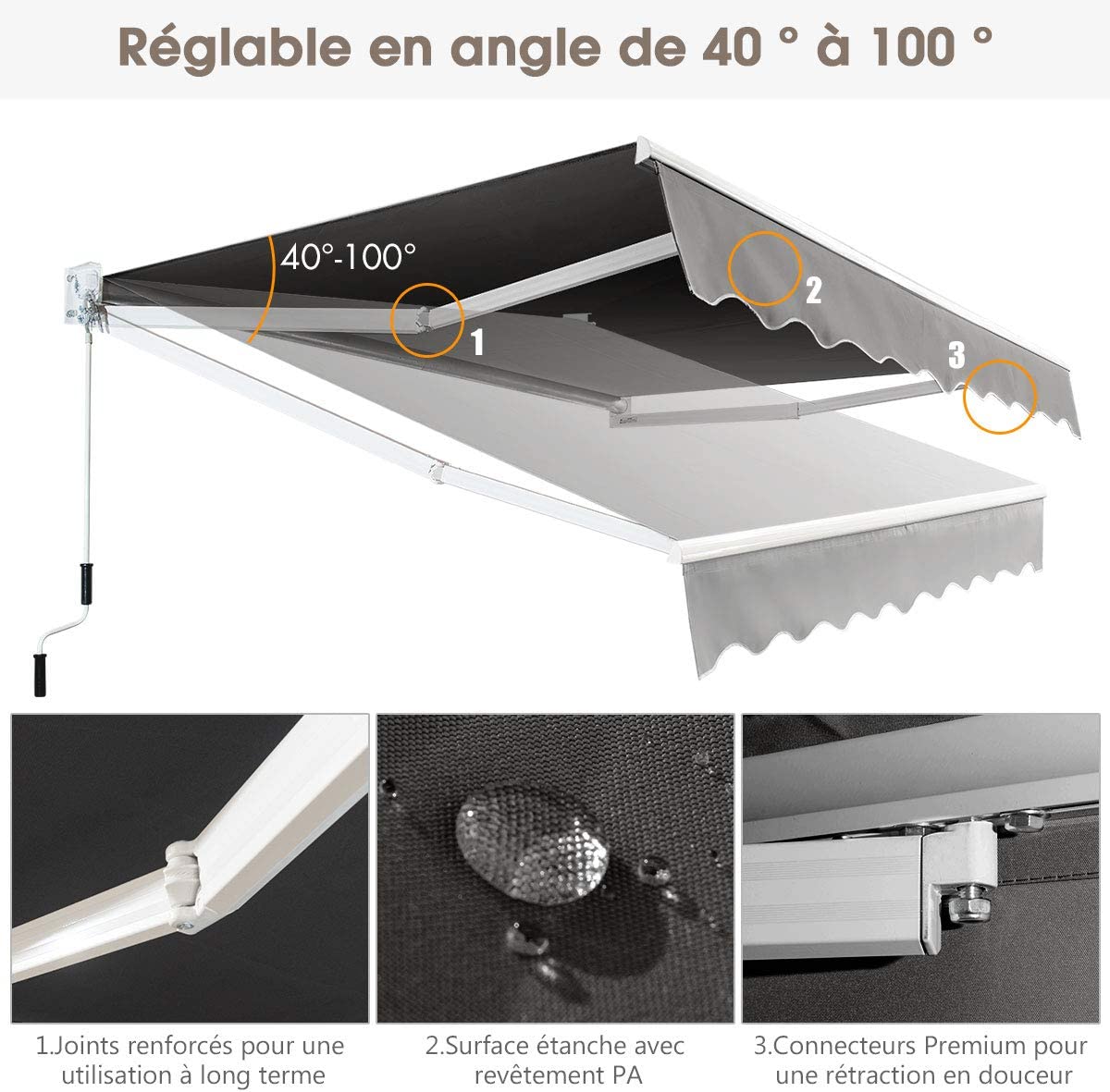Auvent Rétractable Manuel 295x250CM Angle Ajustable 40°-100° sans Perçage en Aluminium, Gris - 2