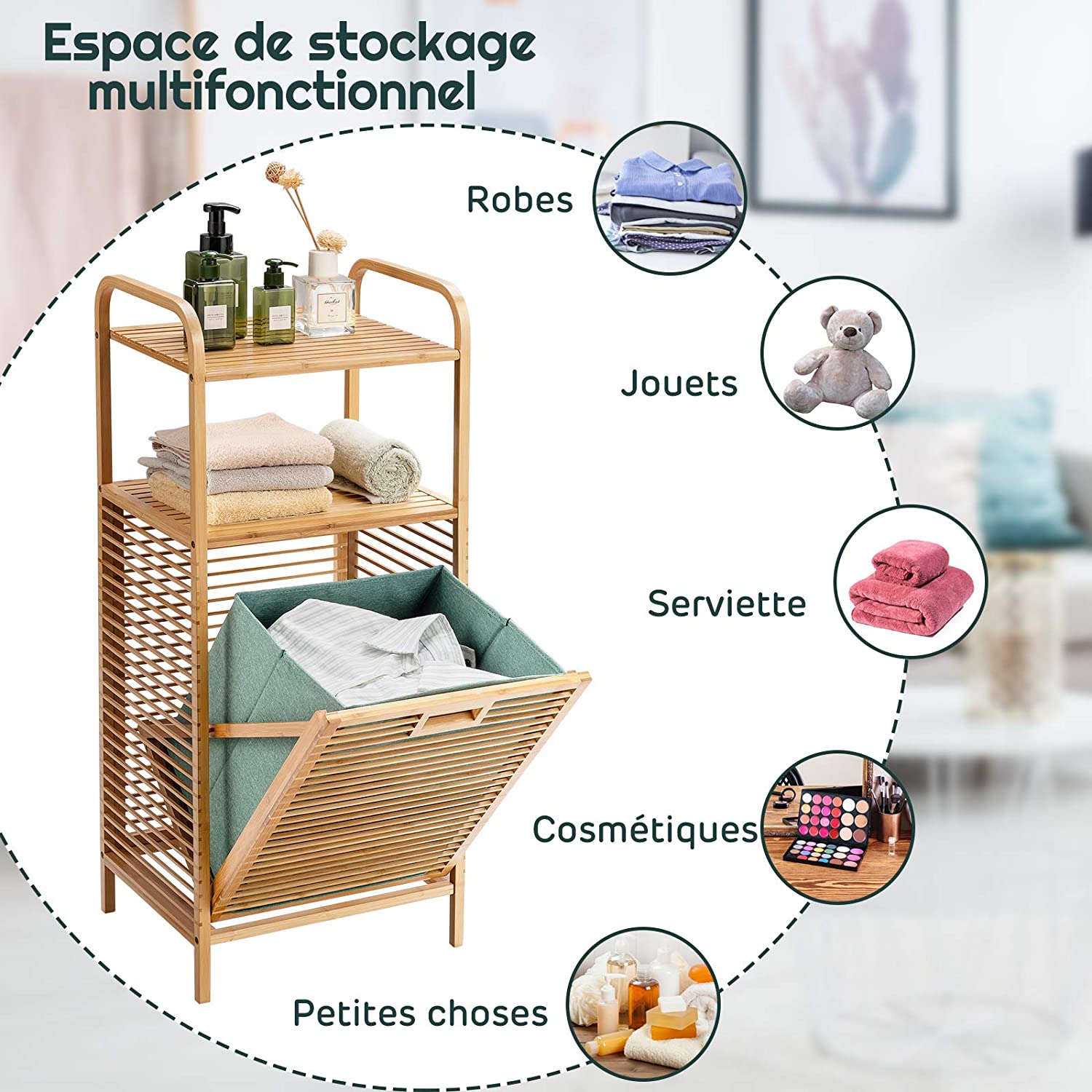 Meuble Panier à Linge Basculant, Panier a Linge avec Étagere en Bambou, Sac Amovible, Doublure Oxford, pour Salle de Bain, Buanderie - 3